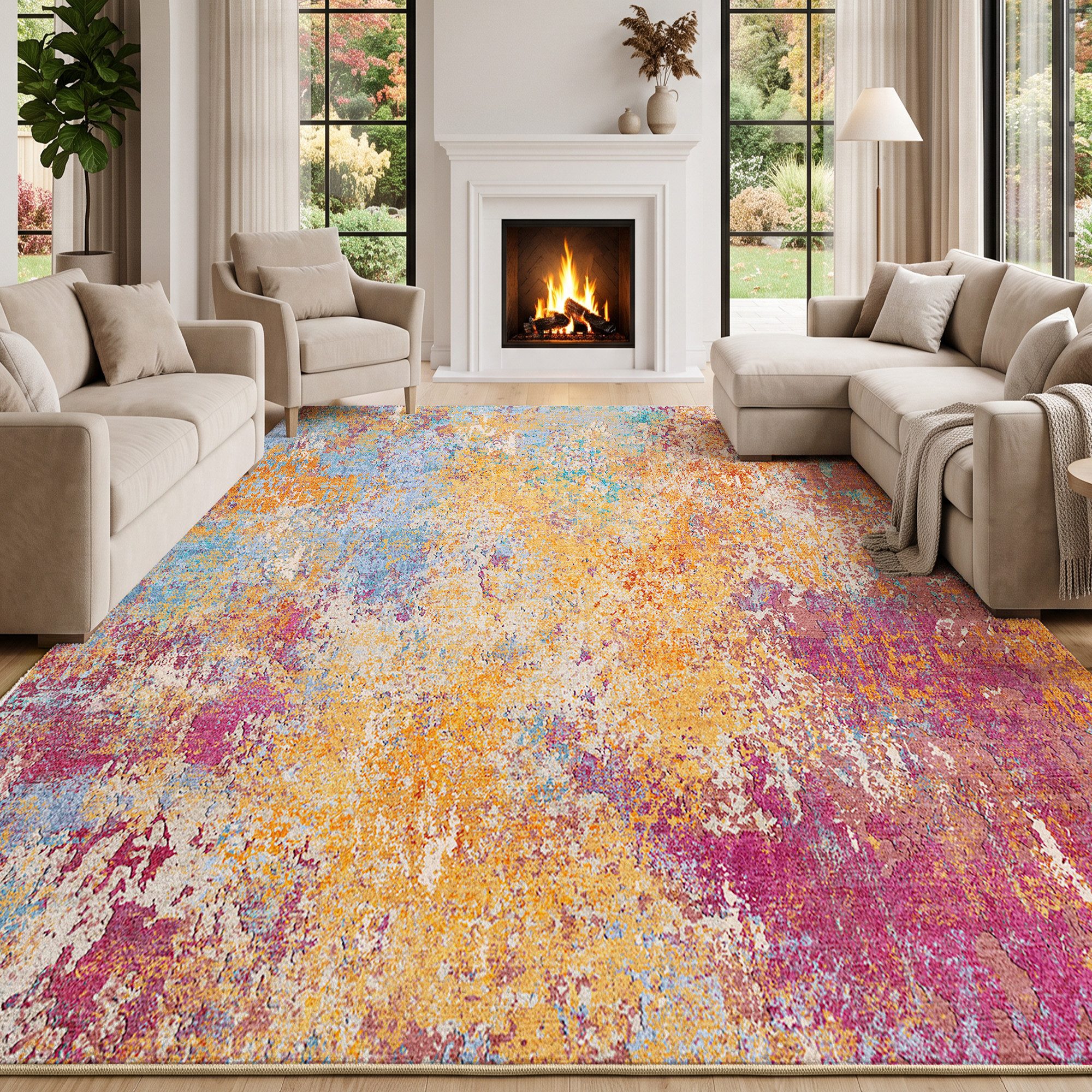 Klyvvo Teppich Boho Abstrakt Teppich, Kurzflor weich, rutschfest & waschbar, Rechteckig, Höhe: 8.5 mm, 160x230 cm – Wohnzimmerteppich für Schlafzimmer, Esszimmer & Büro