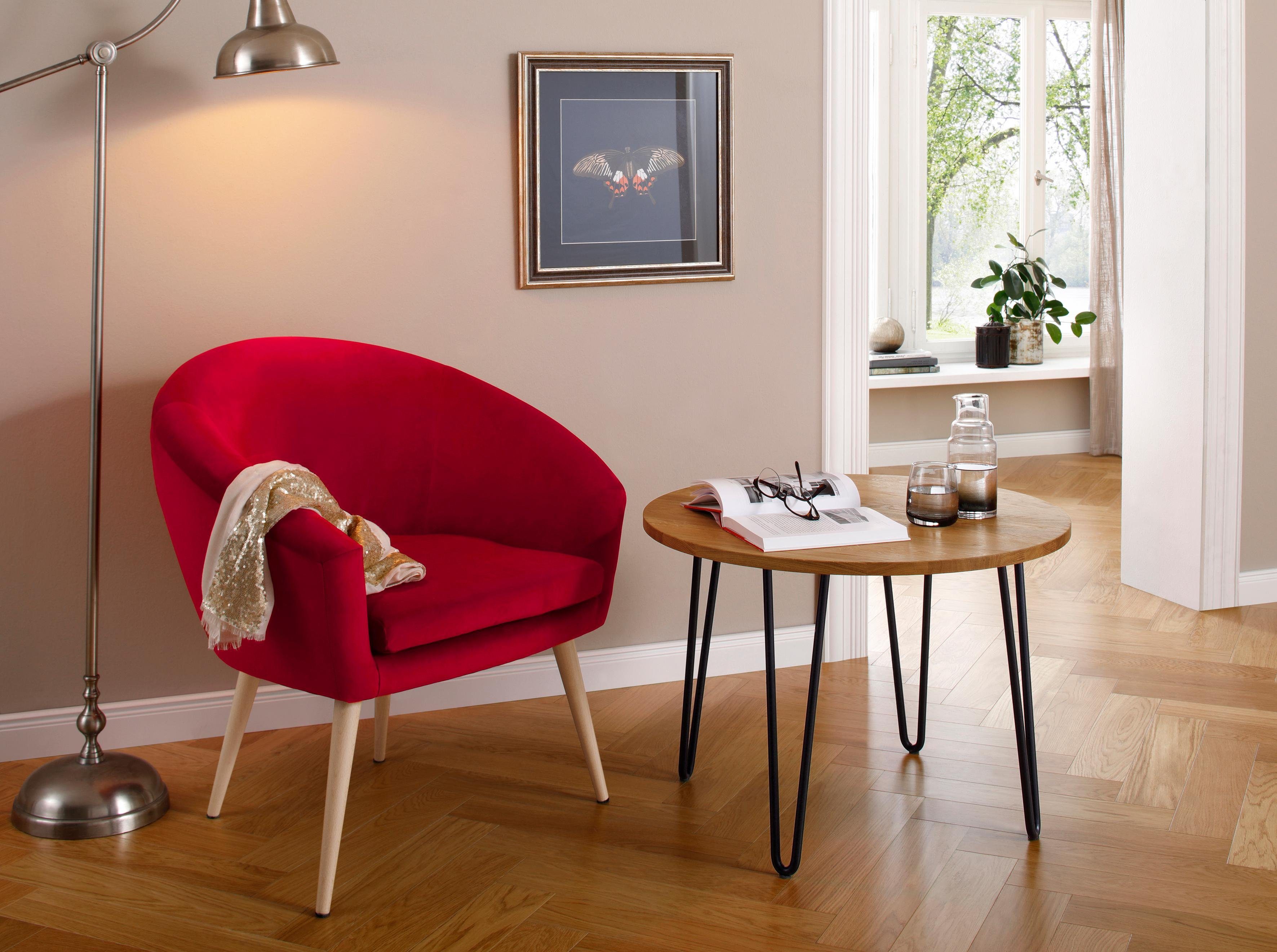 INOSIGN Couchtisch Hairpin, aus massiver Eiche, mit Metallbeinen, Breite 70 cm.