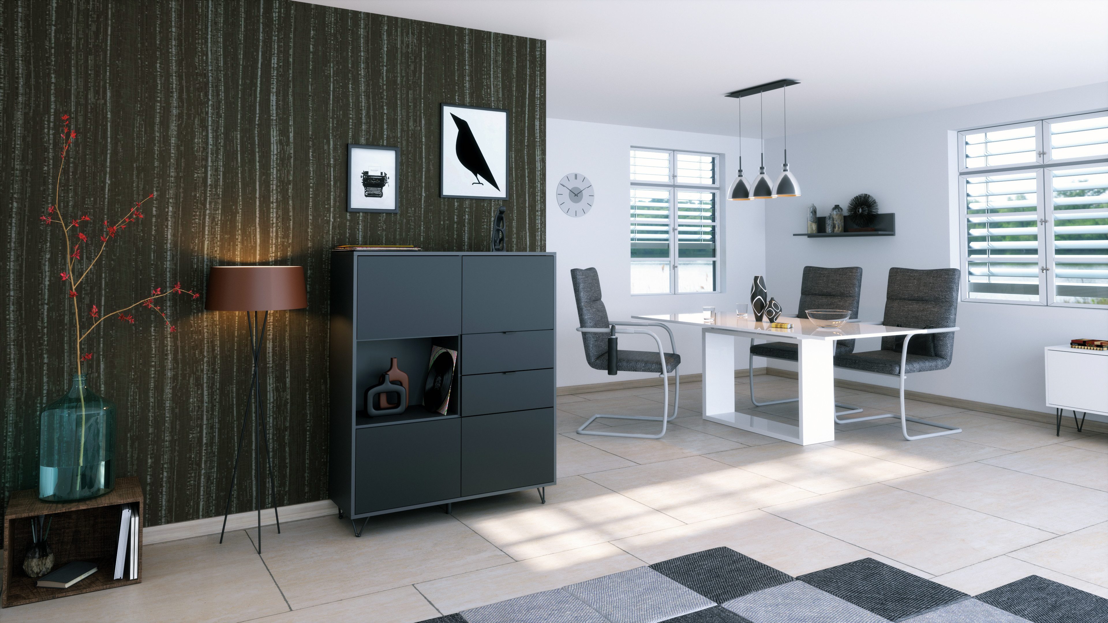 Vladon Highboard Marino V1 (Highboard mit 4 Tür Schwarz matt, 2 Schubladen Schwarz matt, Made in Germany), Korpus Anthrazit matt (103 x 125,5 x 37 cm)