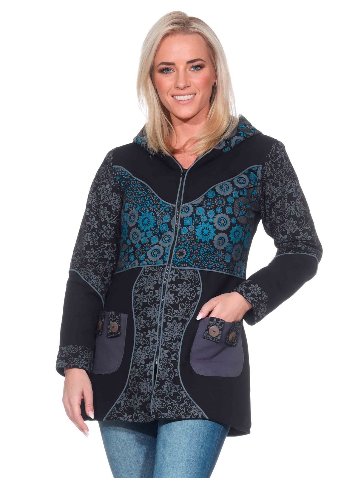 KUNST UND MAGIE Langjacke Kunst und Magie Damenmantel + Kapuze Blumenmuster Jacke Baumwolle Boho