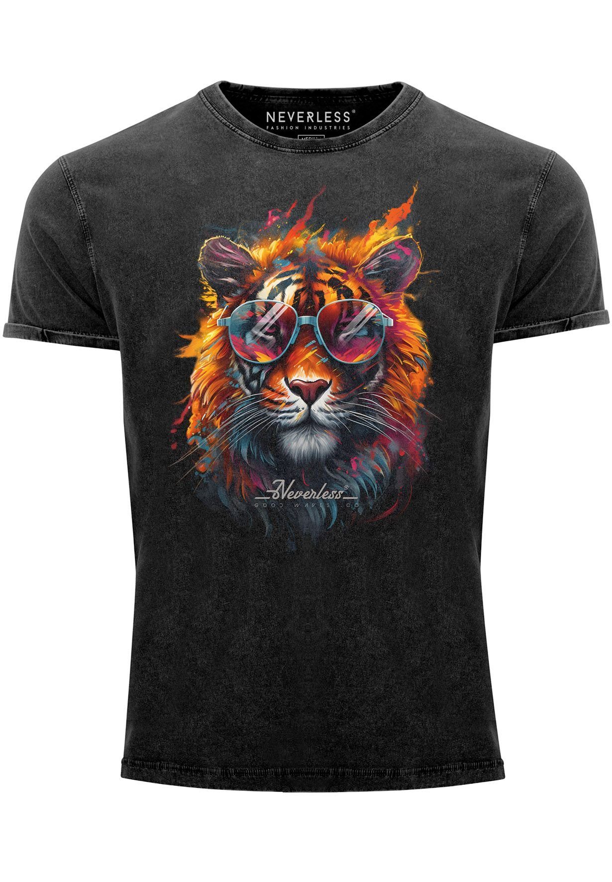 Shirt Print Herren Print Aufdruck Neverless mit Vintage Tiger Sonnenbrille Flammen Print-Shirt Sommer