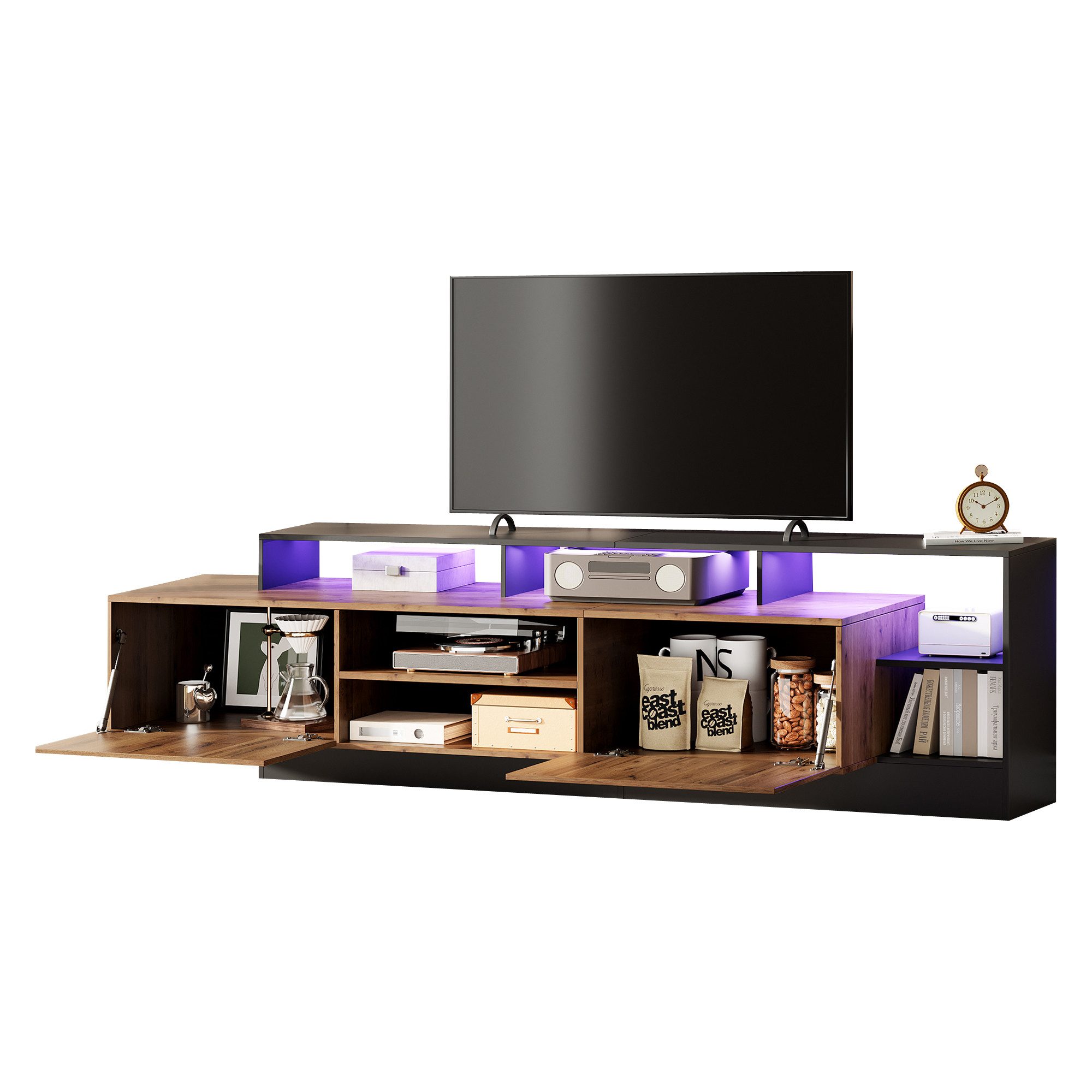 Odikalo TV-Schrank TV-Bank TV-Board Lowboard Sideboard Kommode offen Stauraum LED Schwarz 190*40*48.5cm