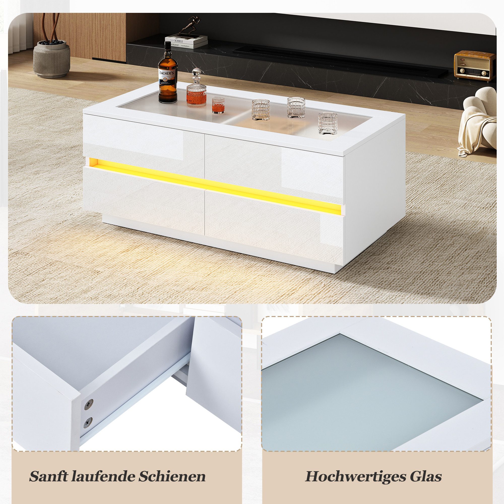 Merax Couchtisch hochglanz Sofatisch Beistelltisch mit LED-Beleuchtung (95x45x35 cm, 1-St), Wohnzimmertisch mit 4 Schubladen, gehärteter Glasplatte & Stauraum – Bild 5 von 5