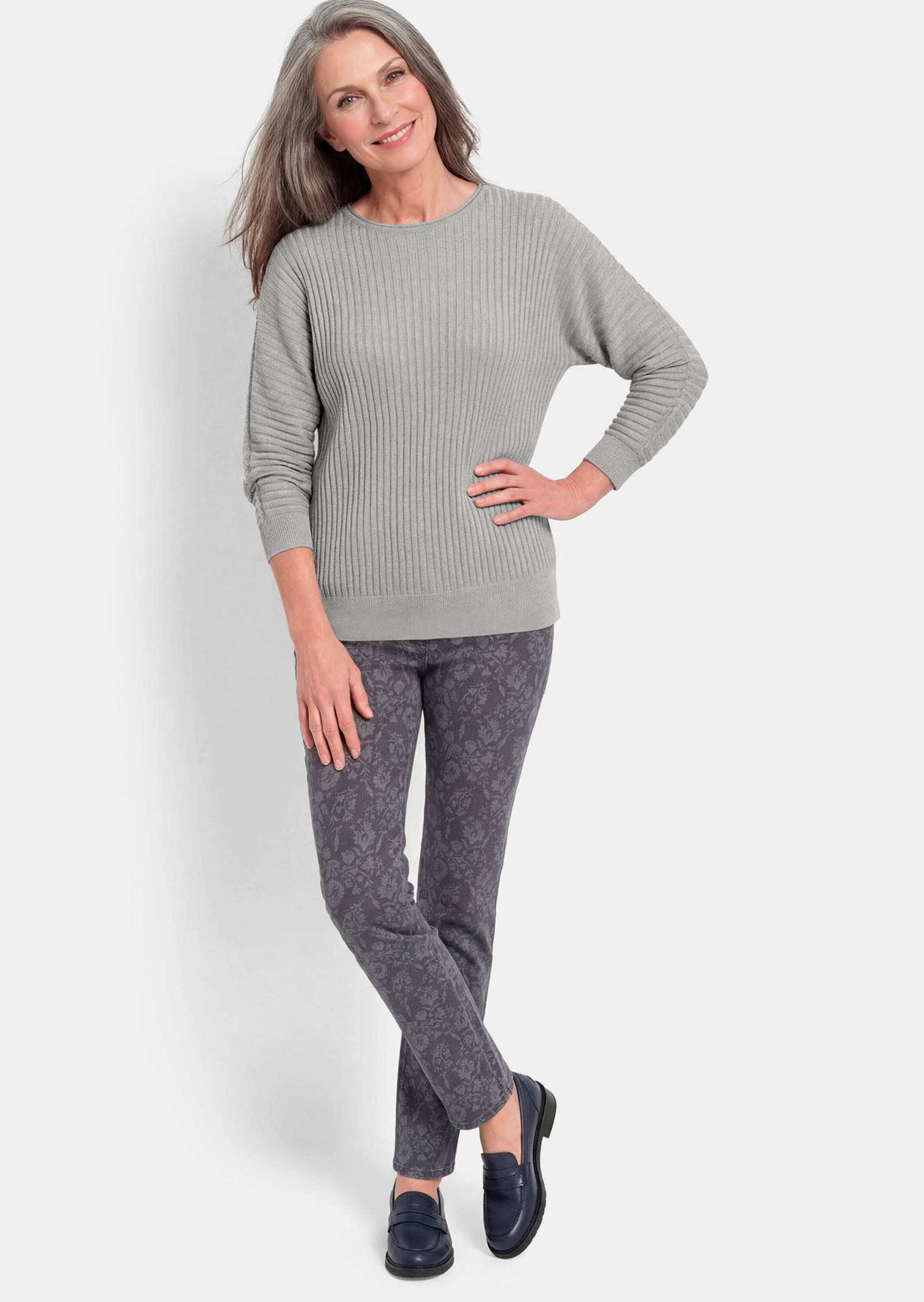 GOLDNER Strickpullover Rippenpullover mit U-Boot-Ausschnitt Weiter Strickpullover mit Fledermausärmeln und Glanzgarn