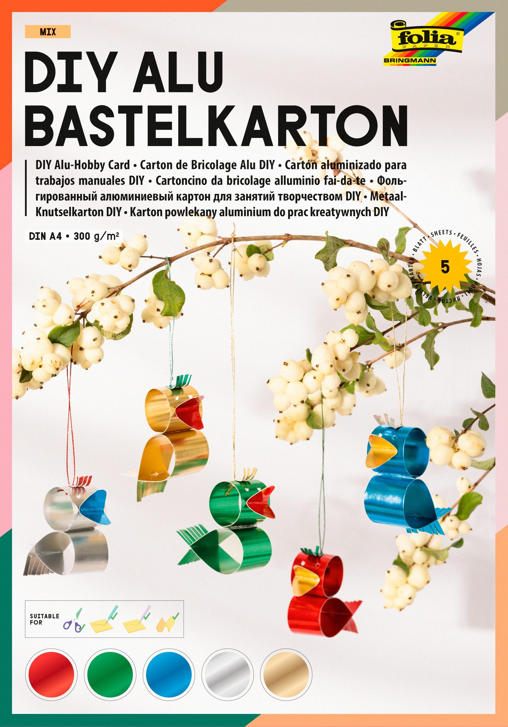 Folia Bastelkartonpapier Alu Bastelkarton Mix, 300 g/m², DIN A4, 5 Blatt