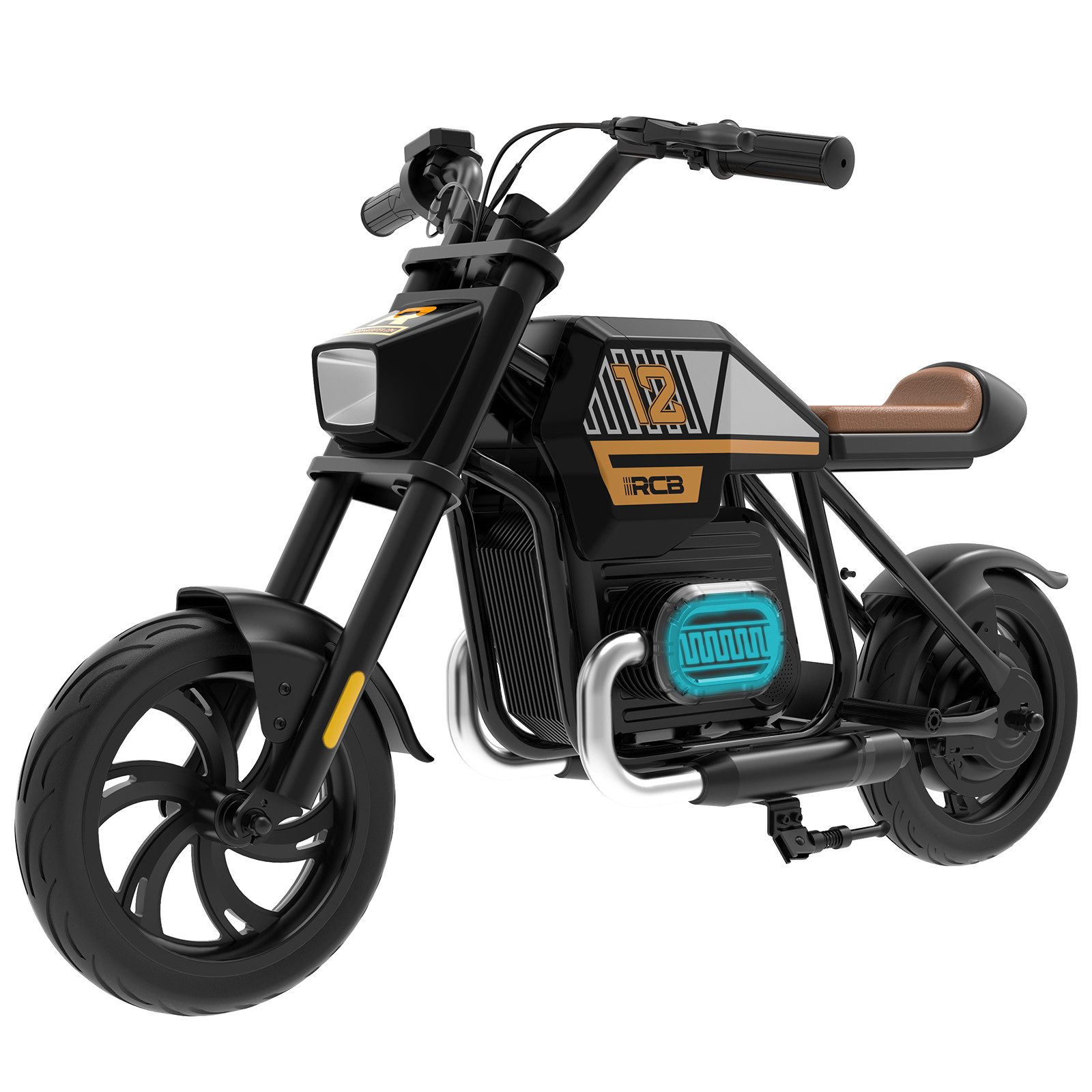 RCB Elektro-Kindermotorrad R9 mit Bluetooth, 12-Zoll Reifen, 3 Stufen-10kmh/15kmh/25kmh, bis 15KM, Belastbarkeit 80 kg, Vorderlicht für mehr Sicherheit & spaßige Lichteffekte