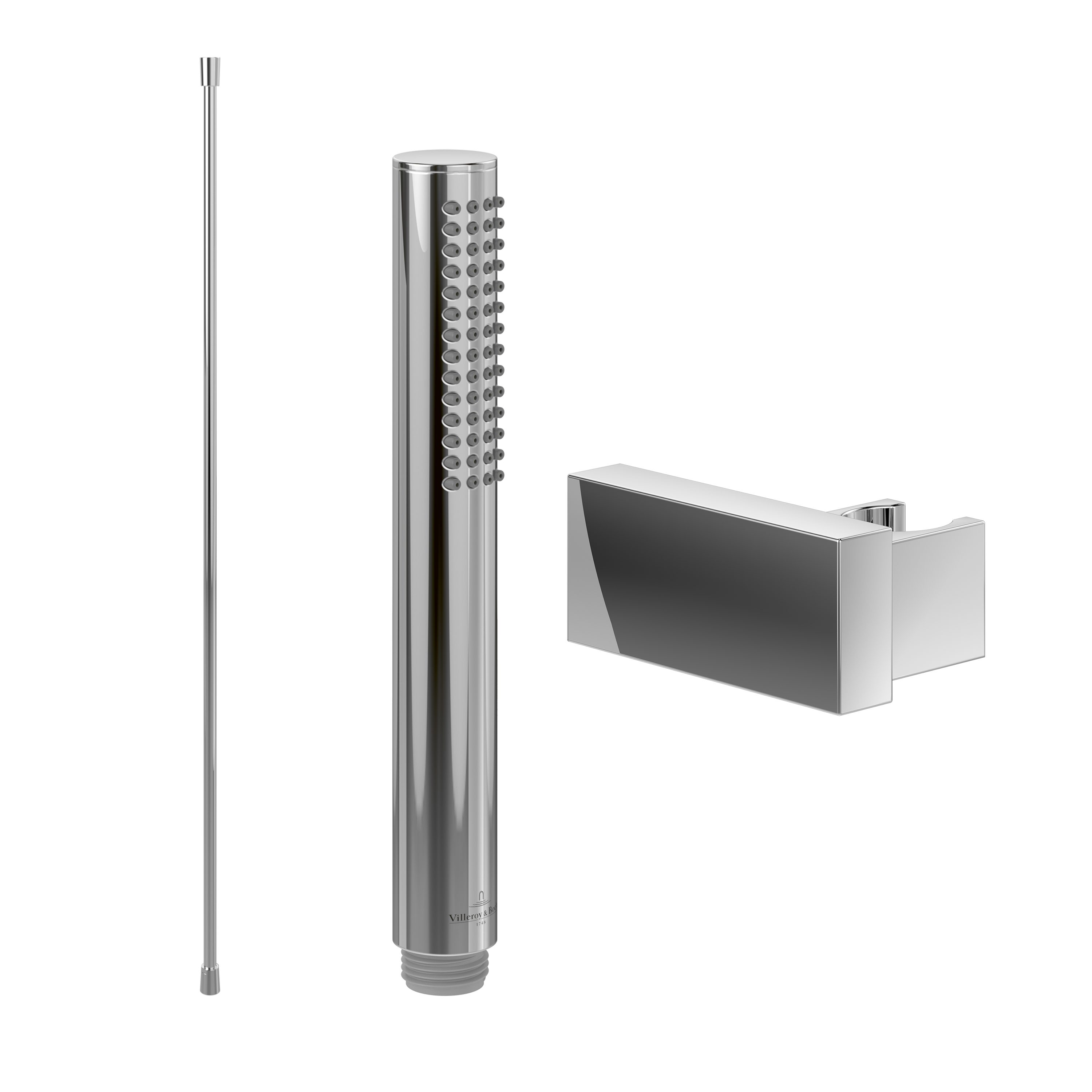 Villeroy & Boch Handbrause Verve Showers, Set aus Duschkopf Stab, Halter (eckig) und Schlauch (1,60m), Chrom