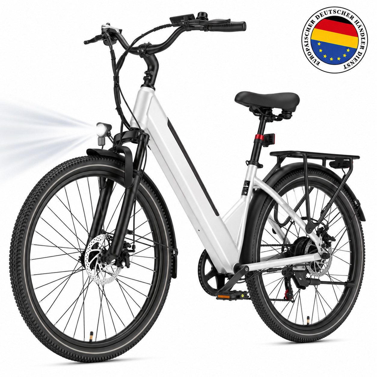 OOTD E-Bike Cityrad 26" 36V 14,5Ah Akku bis 75km, 250W Heckmotor, Shimano 7‑Gang‑Schaltung, 7 Gang Shimano ARDTZ500GSD Schaltwerk, Kettenschaltung, Hinterradmotor, 522 Wh, Tiefer Einstiegherausnehmbarer Akkugefederte Sattelstütze
