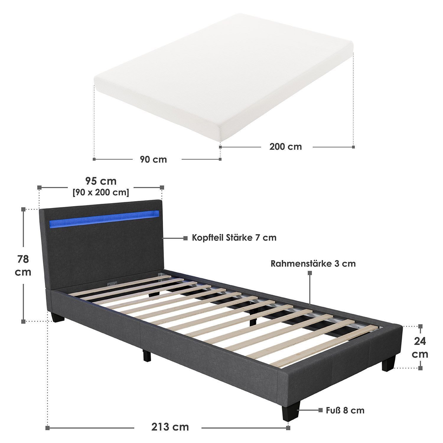 Juskys Polsterbett Verona, 90x200 cm, LED-Licht, günstig online kaufen