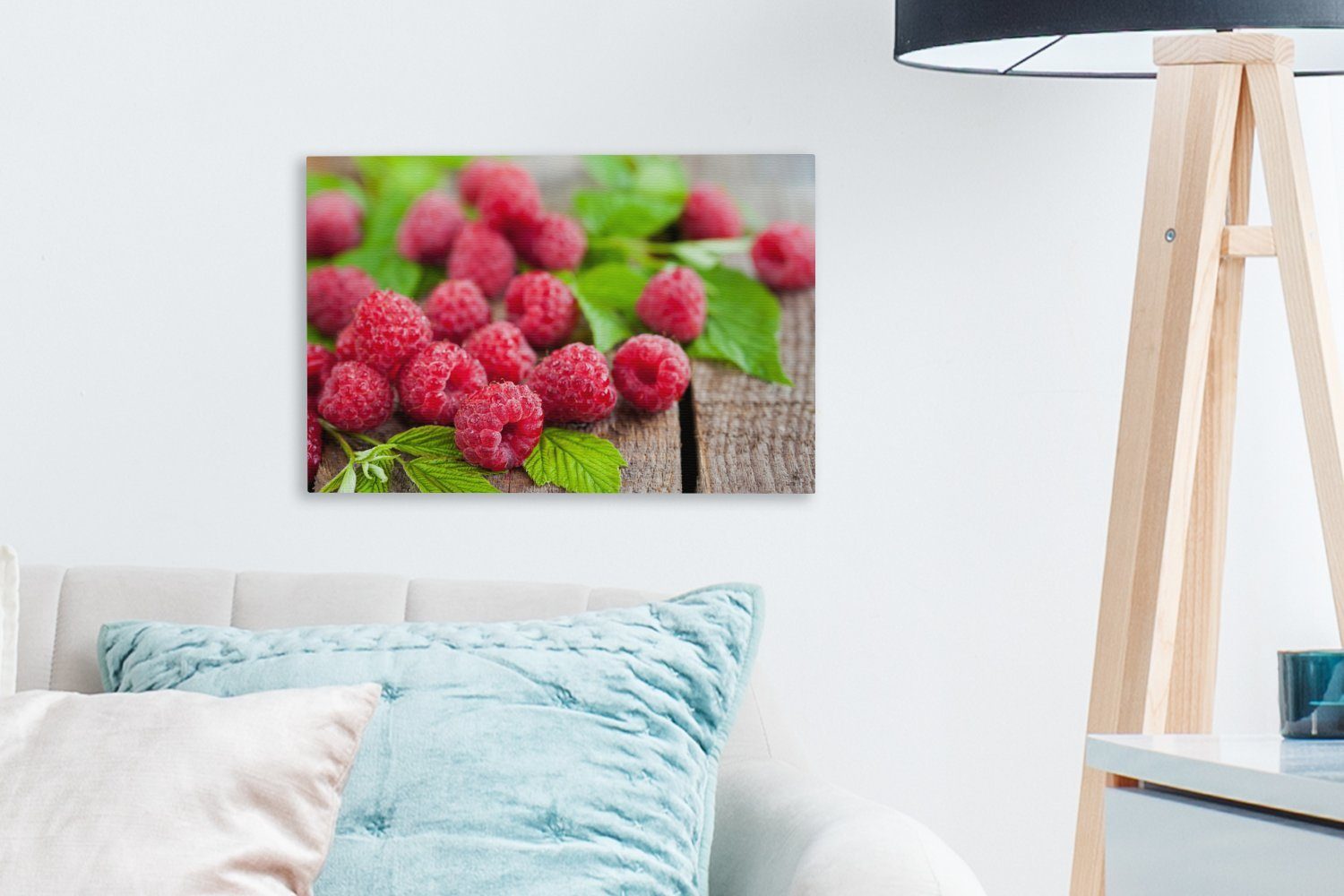 - 30x20 Wanddeko, (1 Wandbild Himbeeren, Holz Leinwandbild St), Aufhängefertig, Leinwandbilder, Obst OneMillionCanvasses® cm -