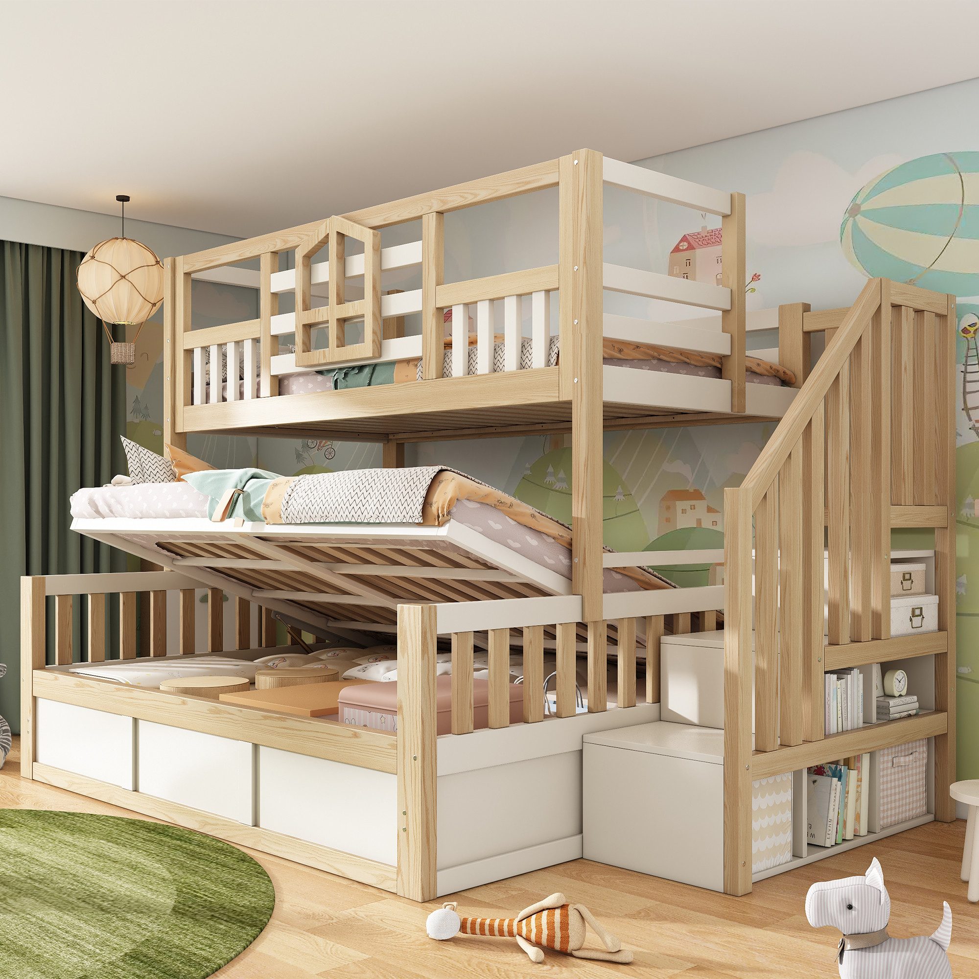 Flieks Etagenbett, Haus-Design Kinderbett 90x200cm mit Hydraulik-Unterbett 140x200cm