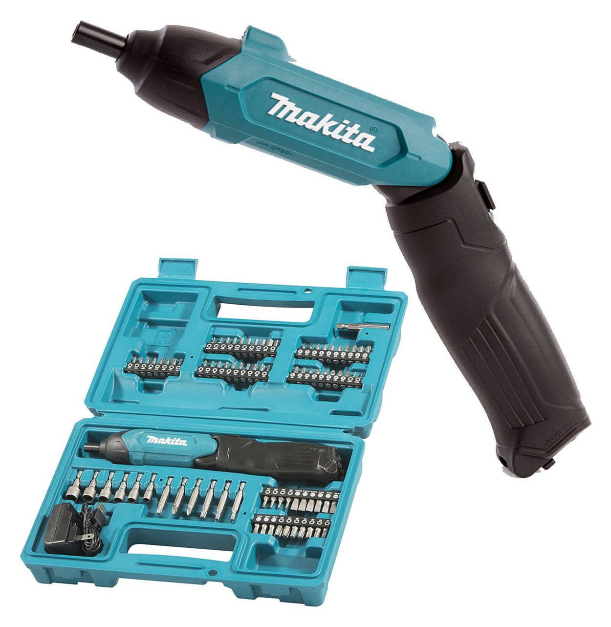 Makita Akku-Schrauber DF001DW, 220 U/min, 4 Nm, (Komplett-Set, inkl. 81-teiliges Zubehör-Set und Koffer), Griff knickbar, Rechts-/ Linkslauf, LED Licht