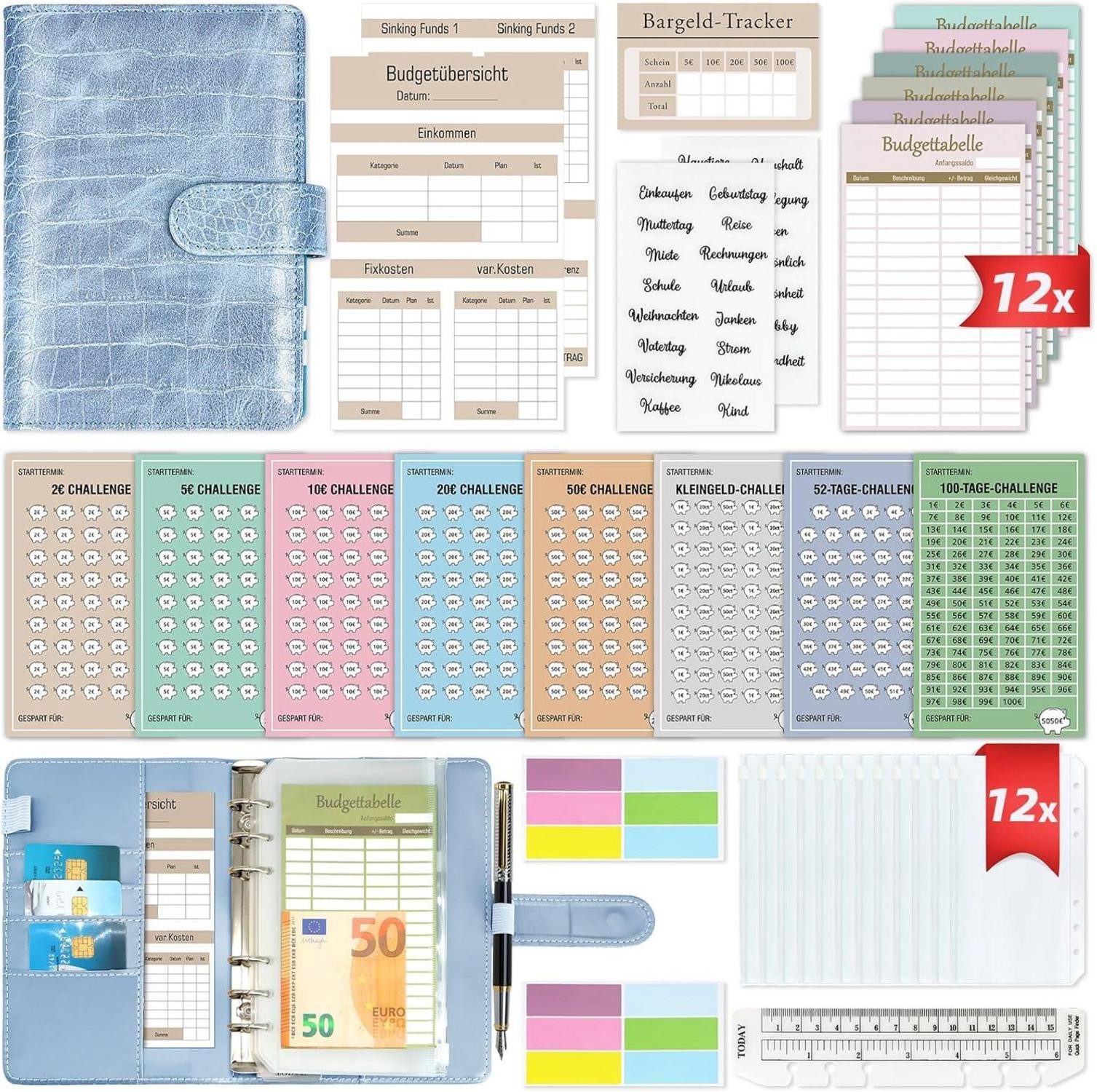 Notizbuch Budget Planner Deutsch Startset mit 8 Sparchallenges - A6 Leder Binder