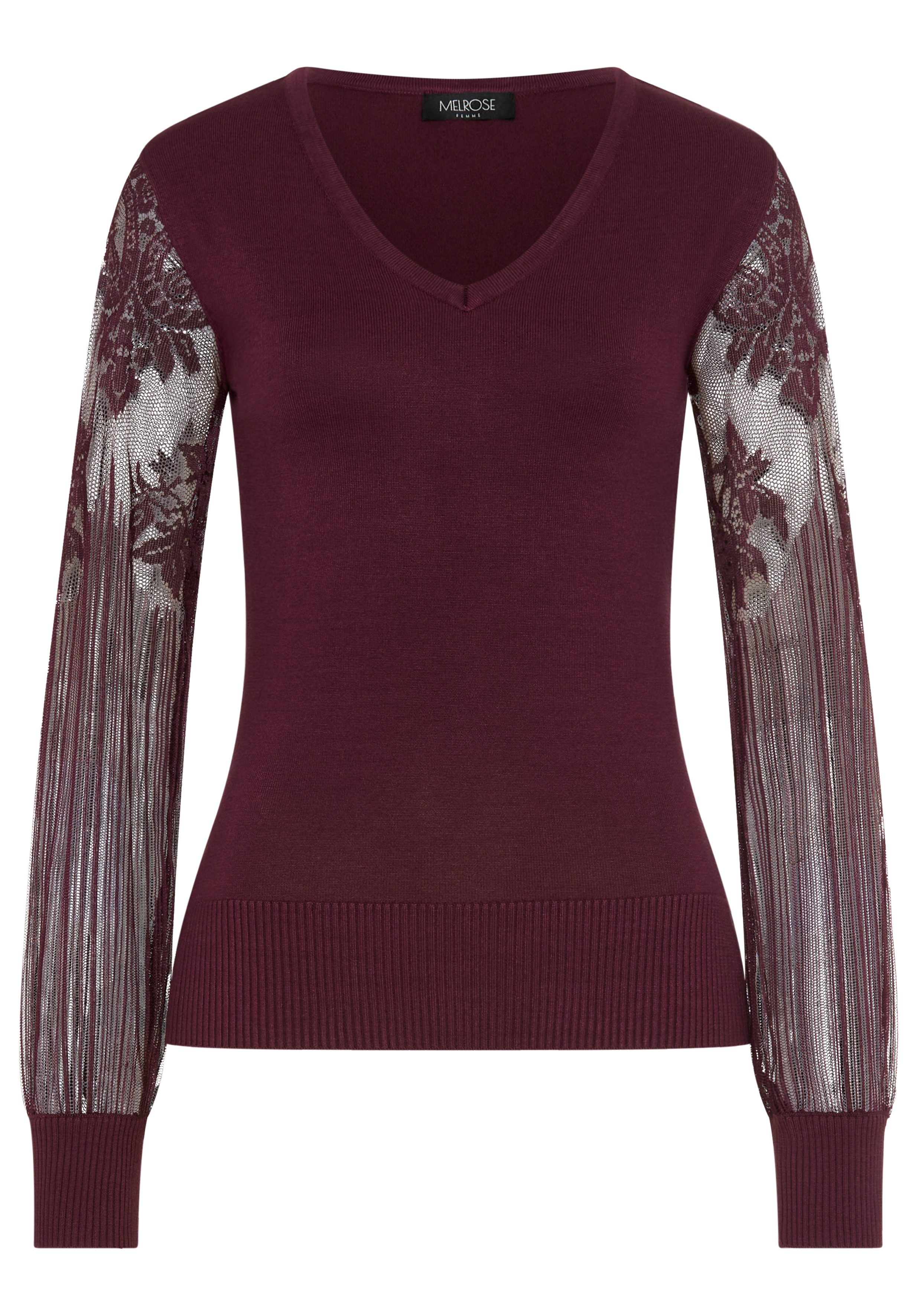 Melrose V-Ausschnitt-Pullover Feinstrickpullover mit Ärmeln aus hochwertiger Spitze