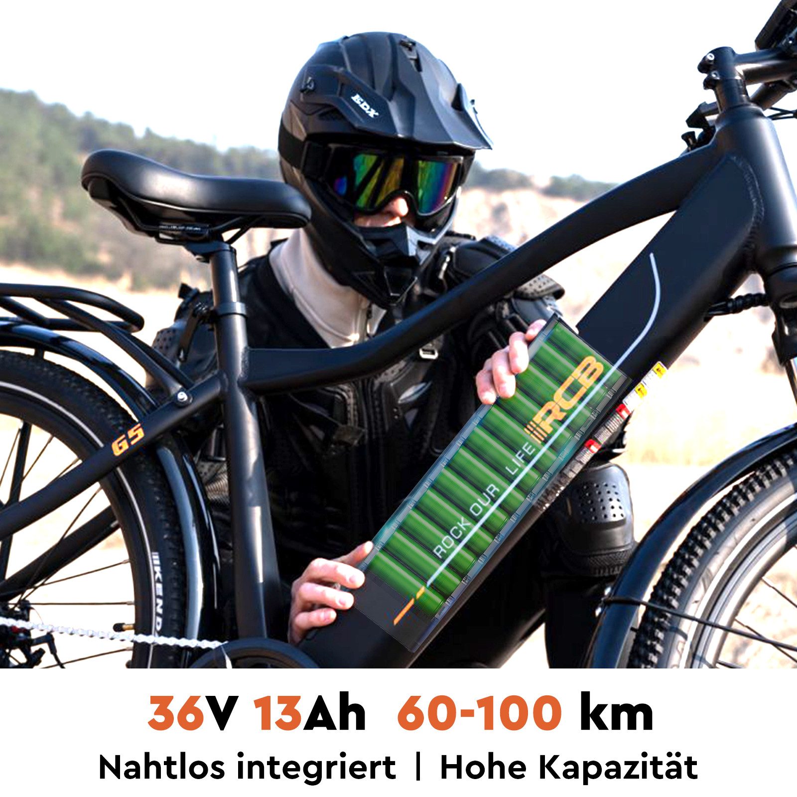 RCB E-Bike Pedelec G5 für Stadt und Gelände,27,5Zoll Herren Elektrofahrrad,13Ah,60-100 km, 7 Gang, Kettenschaltung, Heckmotor, 468 Wh, APP, ebike Herren, Gepäckträger hinten