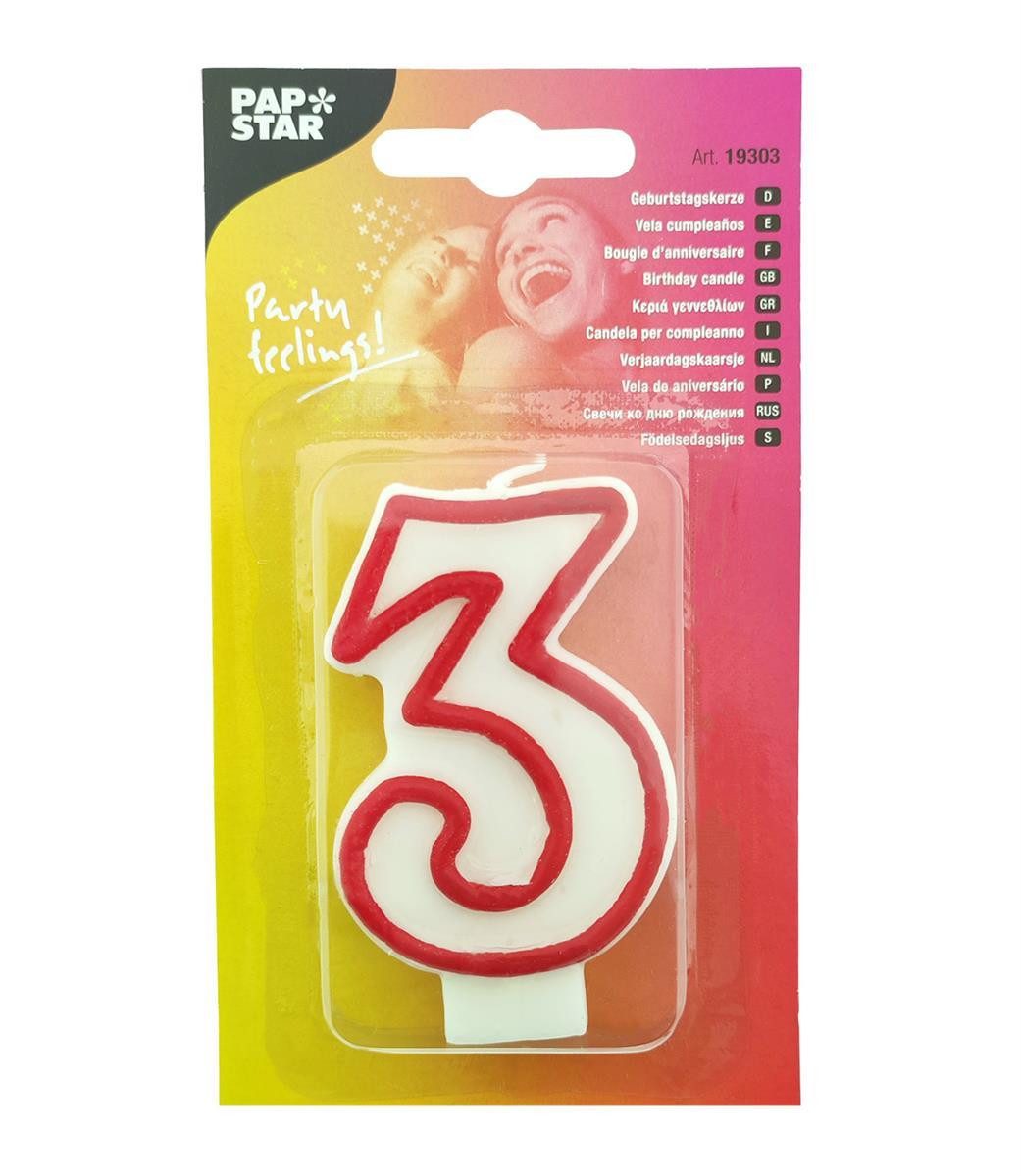 PAPSTAR Geburtstagskerze Zahlenkerze "3" weiß-rot, 73mm Höhe, 1 Stück (Stück, 1-tlg., Zahlenkerze), Geburtstagskerze Geburtstagstorte Tortendekoration Kuchendekoration