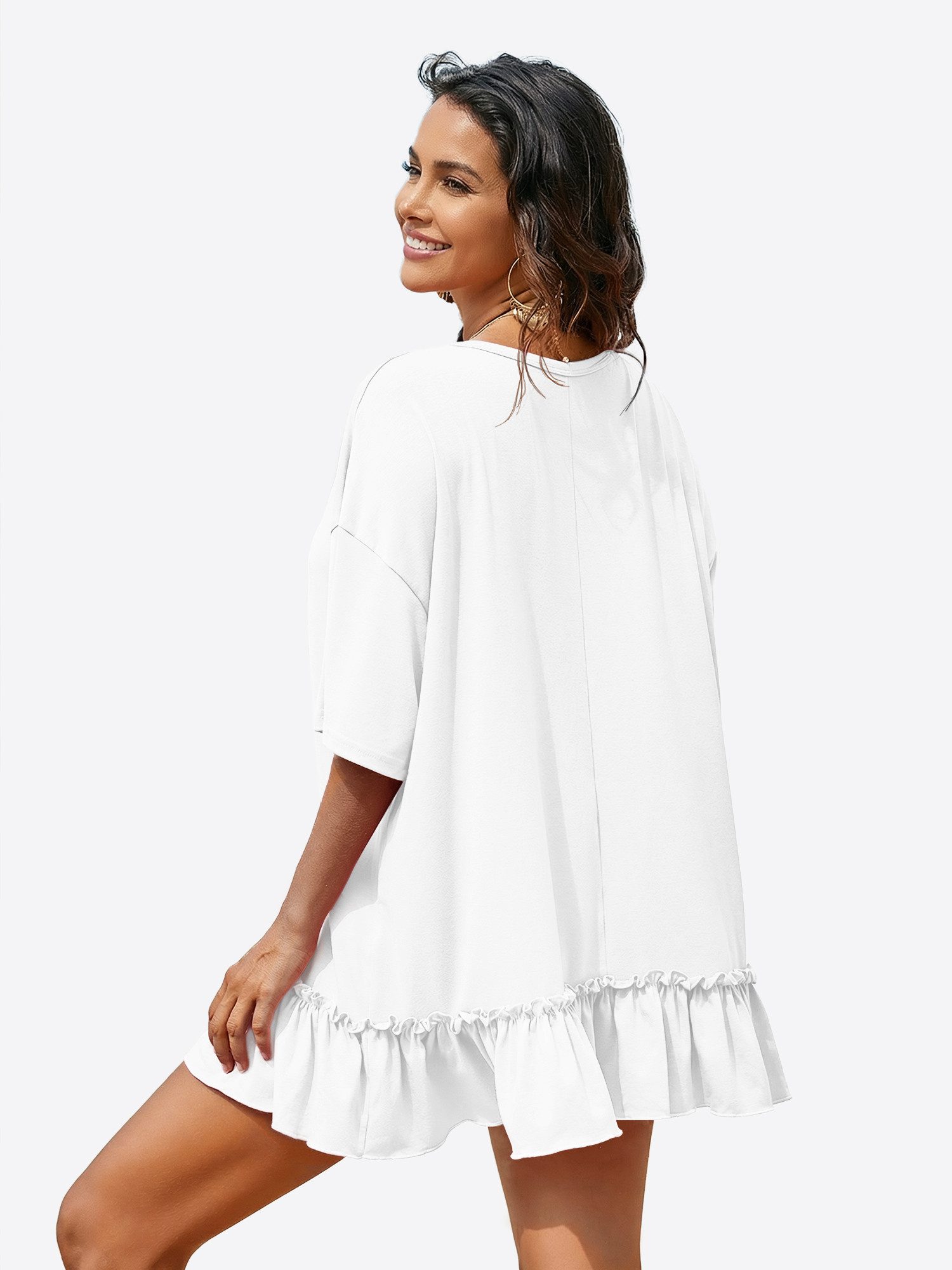 Imily Bela Shirtkleid Damen mit Rüschen Rundhals Oversize Sommer Strand Tun günstig online kaufen