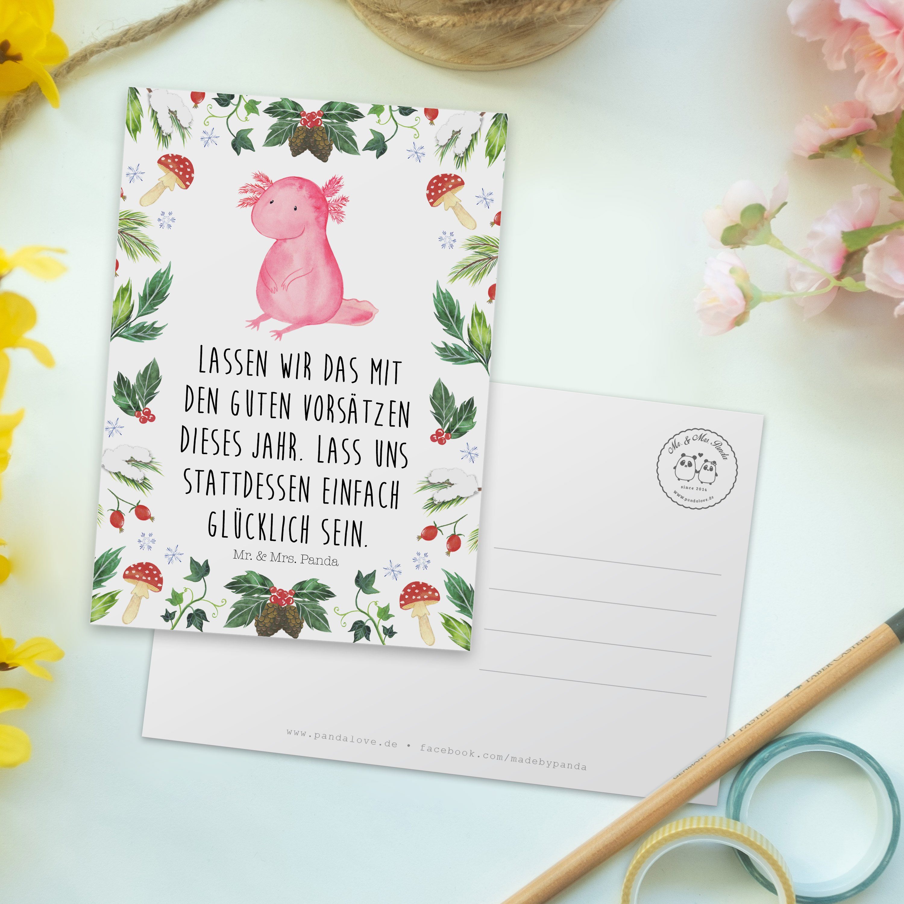 Weiß Postkarte Axolotl Geschenk, - Mrs. Panda Mr. Glücklich Geschenkkar Winter, & - Wintermotiv,