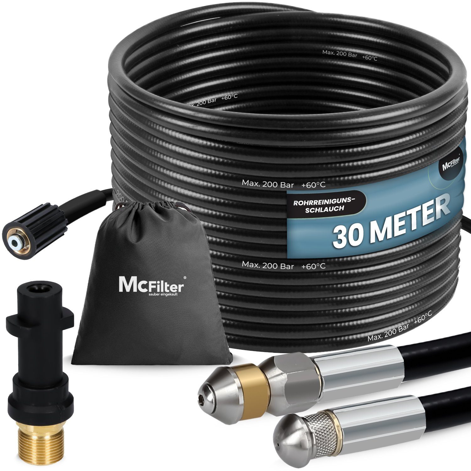 McFilter Hochdruckschlauch Rohrreinigungsschlauch, 30m, 200 bar, kompatibel mit Kärcher, (30 St), K2 K3 K4 K5 K6 K7, inkl. Tasche mit Adapter, Düsen starr + rotierend