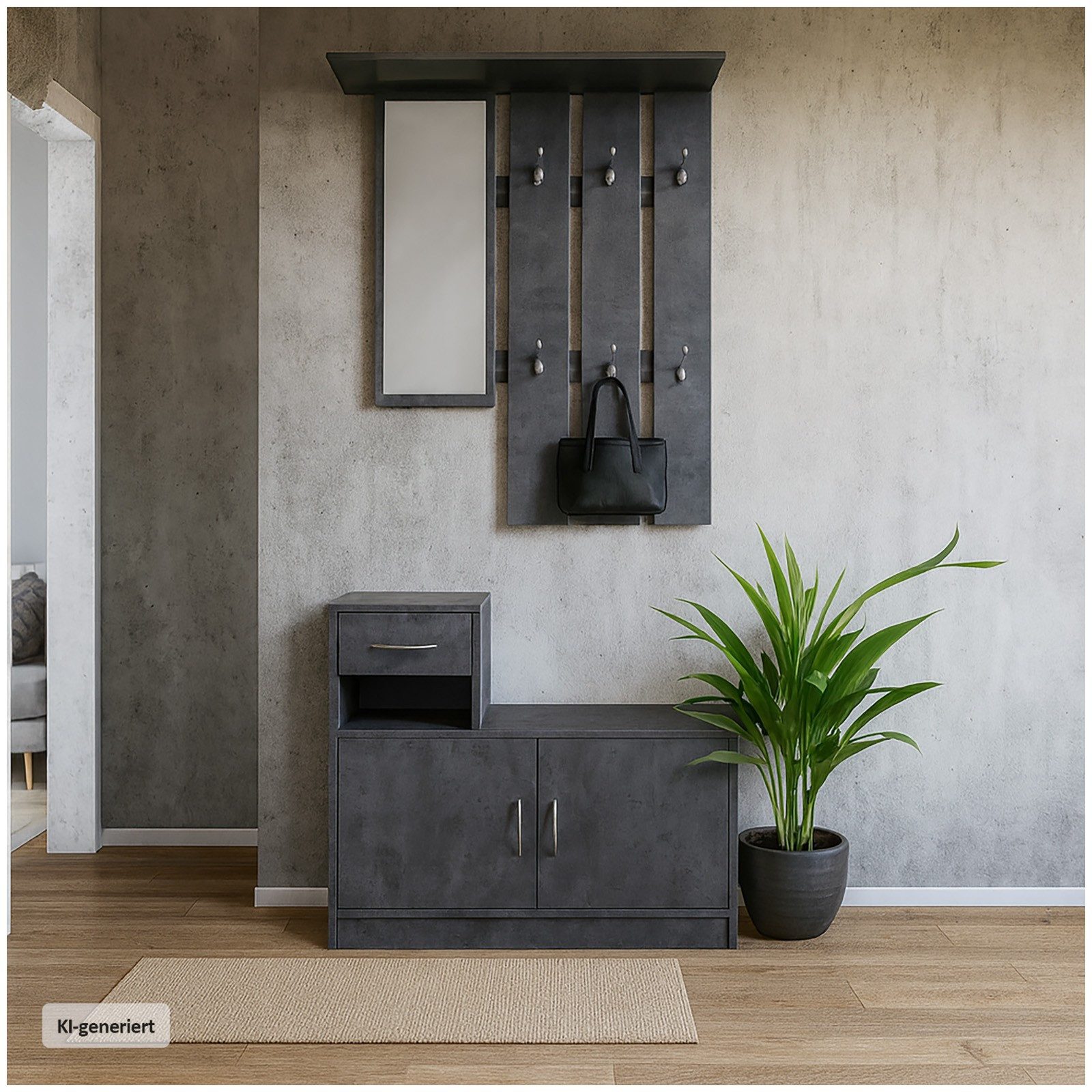 HTI-Living Garderobe Garderobe Beton mit Spiegel Schrank und Ablage (Set, 2 St., 1 Garderobenpaneel mit Spiegel, 1 Schuhschrank), mit Spiegel Hutablage und 5 Kleiderhaken