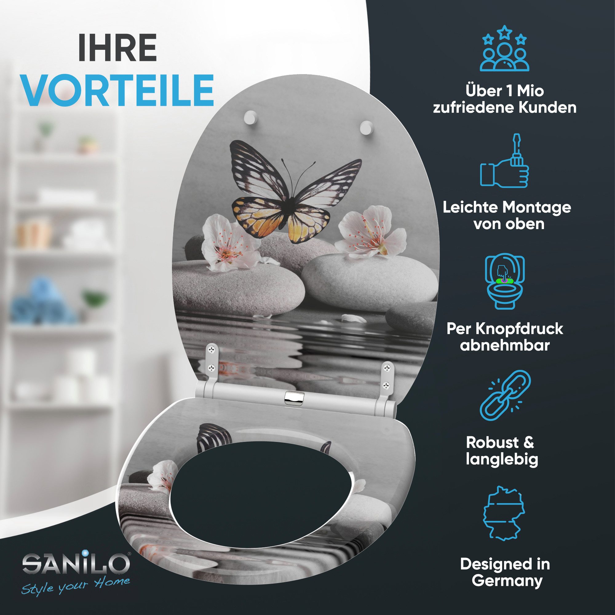 Sanilo WC-Sitz mit Absenkautomatik, viele Toilettendeckel direkt vom Hersteller, hochwertig & modern, universell, leichte Montage