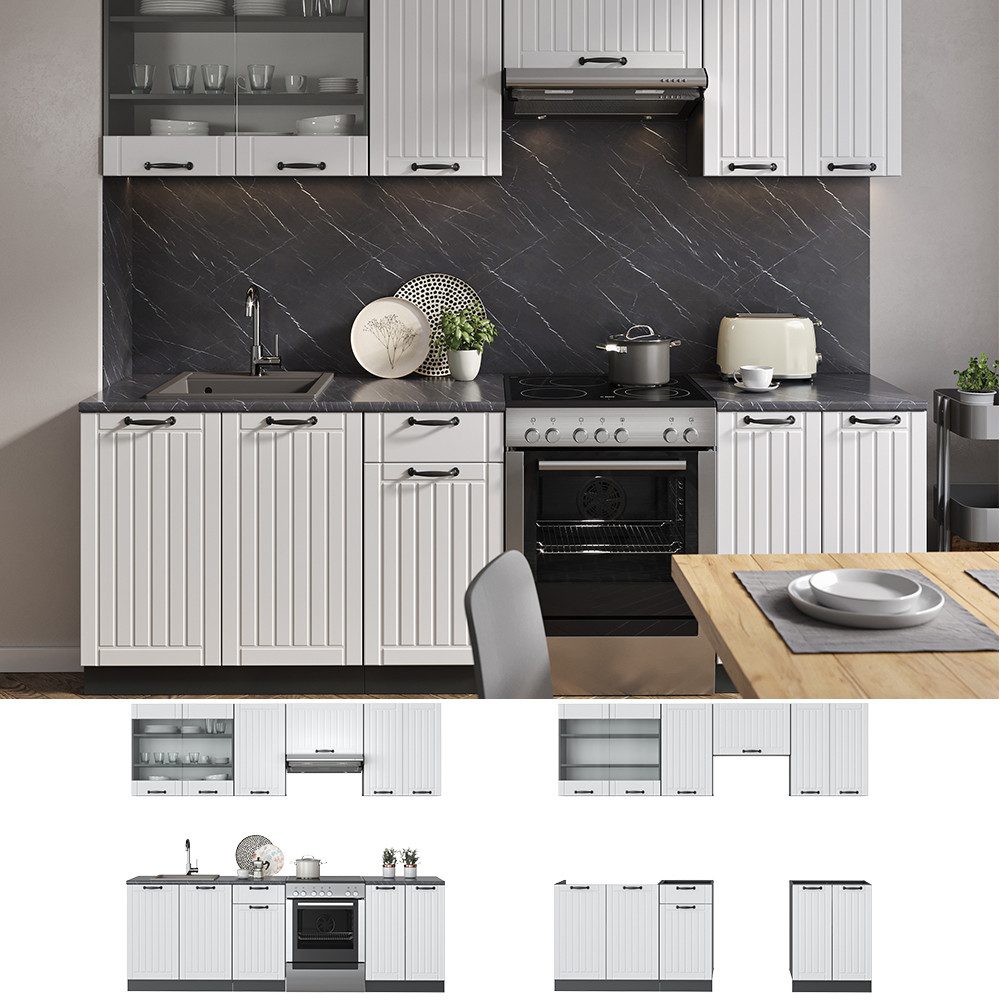 Vicco Küchenzeile Fame-Line, Weiß Landhaus/Anthrazit, 240 cm, AP Anthrazit