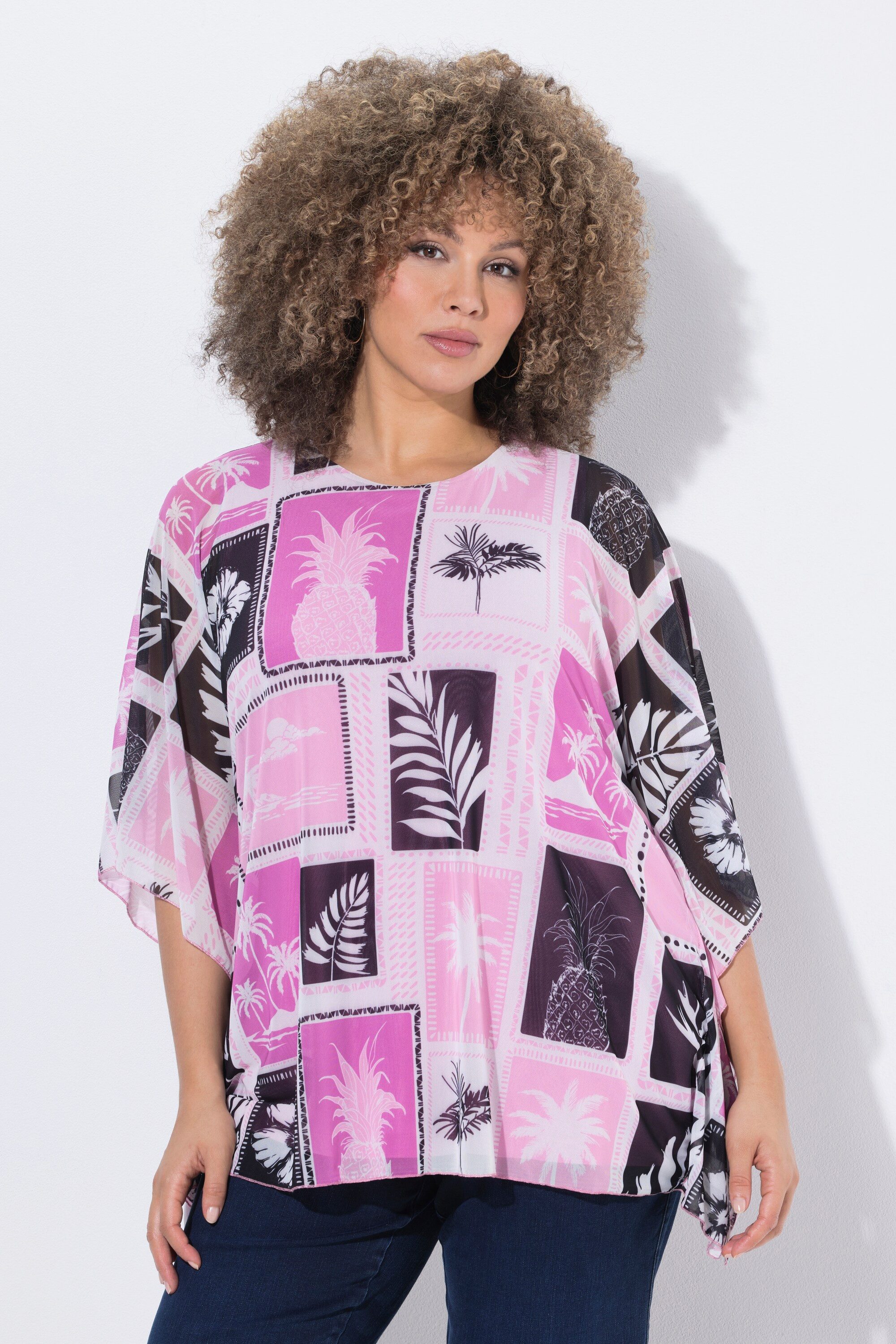 Ulla Popken Longbluse Mesh-Bluse doppellagig Oversized Rundhals Halbarm
