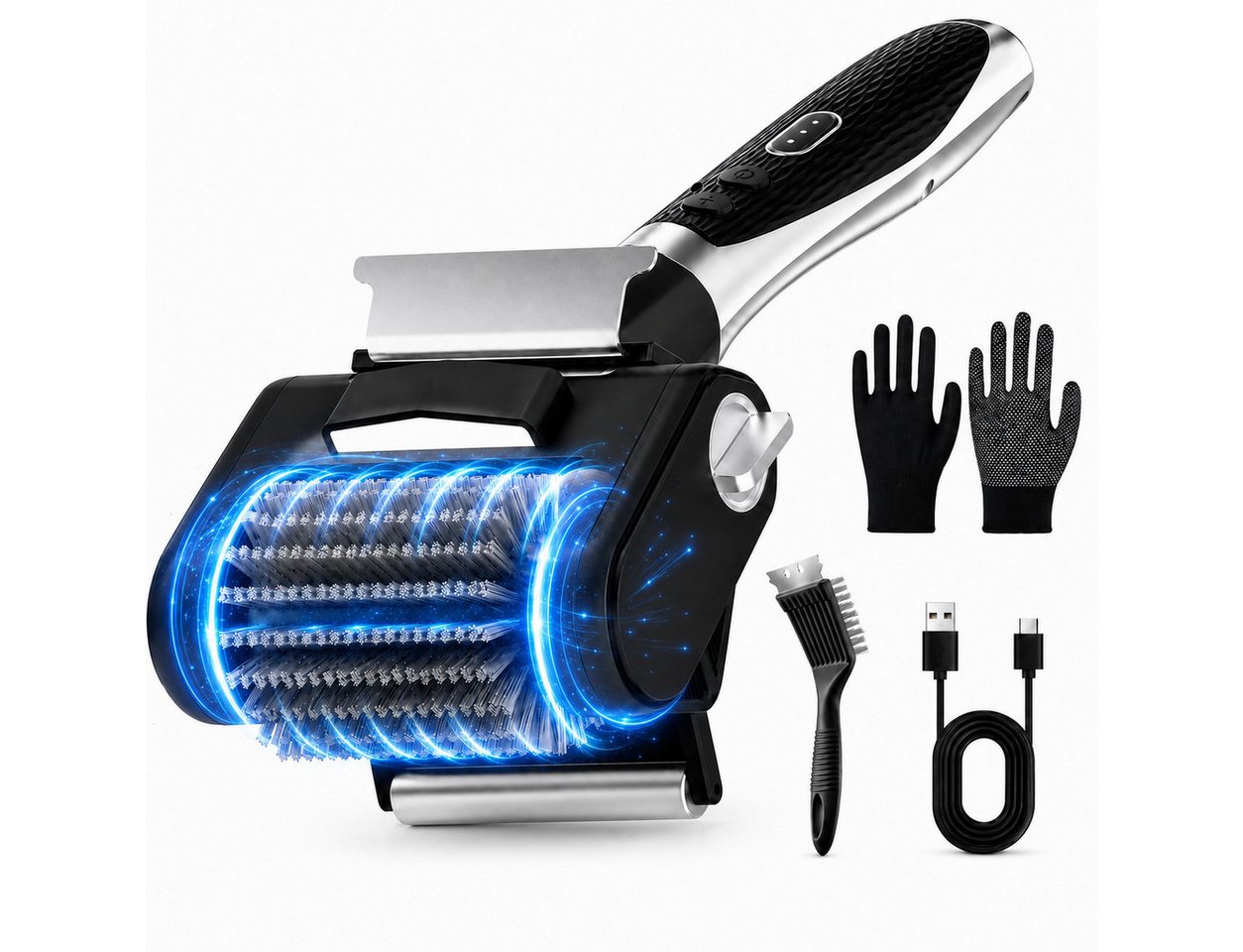 Rosnek Grillbürste Elektrisch, Akku-Grillreiniger mit LED-Licht, Schaber, 400–500 U/minn, (Set, Grillreinigungsset), 4000 mAh, bis 240 Min. Laufzeit für Gas-, Holzkohle- & Pelletgrill