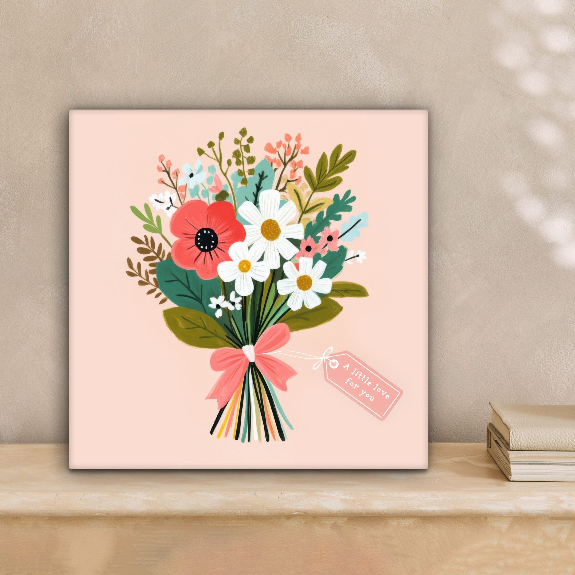 OneMillionCanvasses® Leinwandbild Blumenstrauß - Schleife - Karte - Zitat - Muttertagsgeschenk, Fotodruck (1 St), Wandbild, Deko Schlafzimmer Wohnzimmer Flur 20x20 cm
