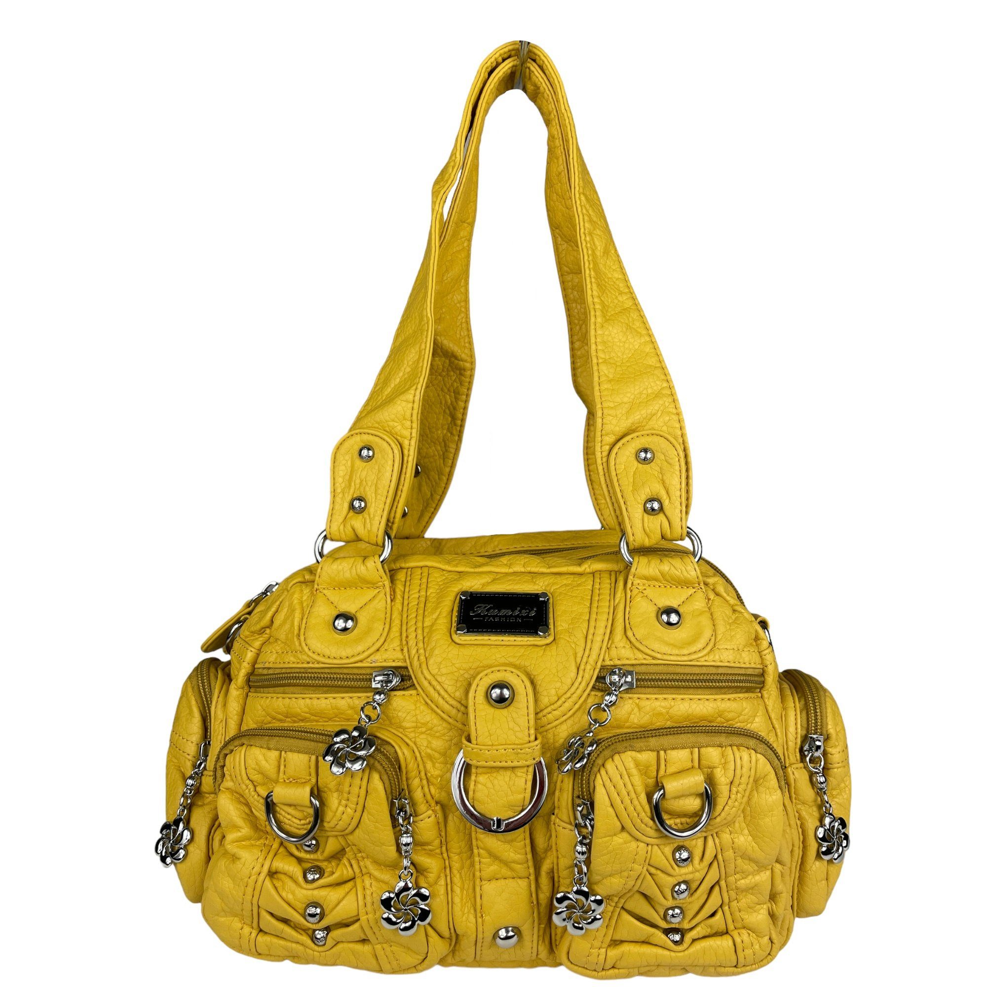 Taschen4life Schultertasche klassische Damen Handtasche (Schultertasche) mit Nieten AKW22032, viele Fächer, verstellbarer abnehmbarer Schulterriemen honiggelb