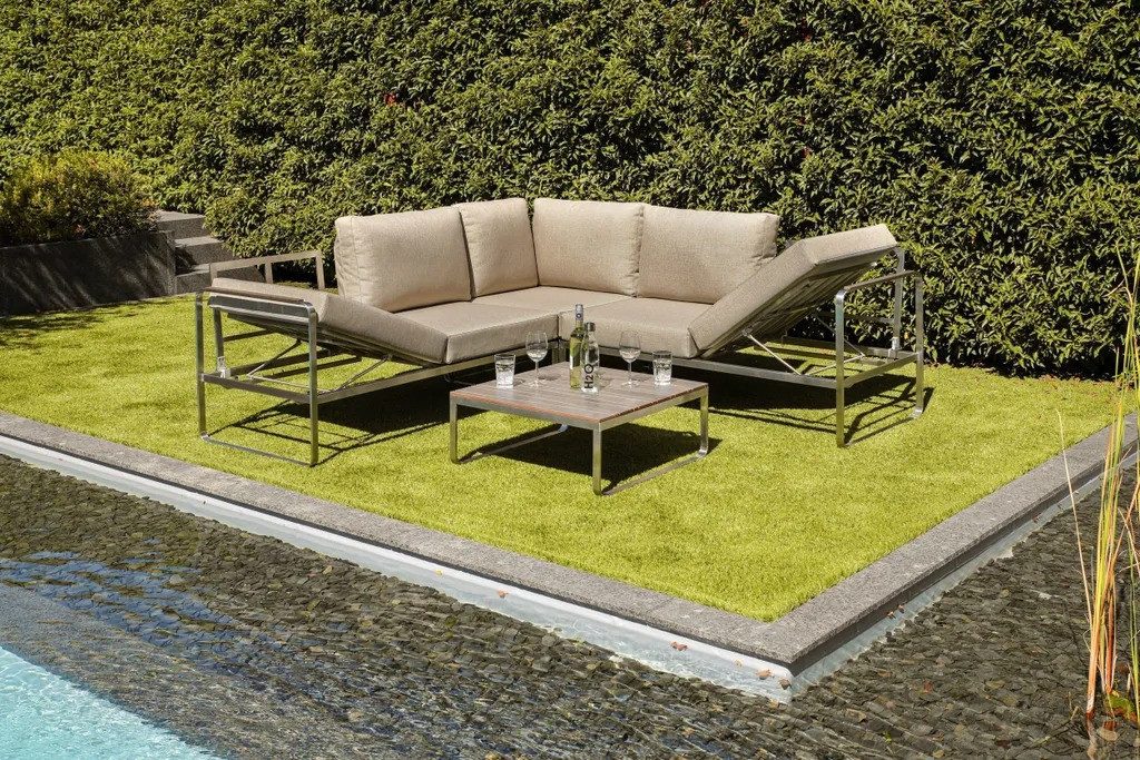 Greemotion Gartenlounge-Set Sydney Edelstahl-Ecklounge beige mit Tisch und Liegefunktion, (inkl. Auflagen), Farbe Edelstahl/Beige – Bild 4 von 5