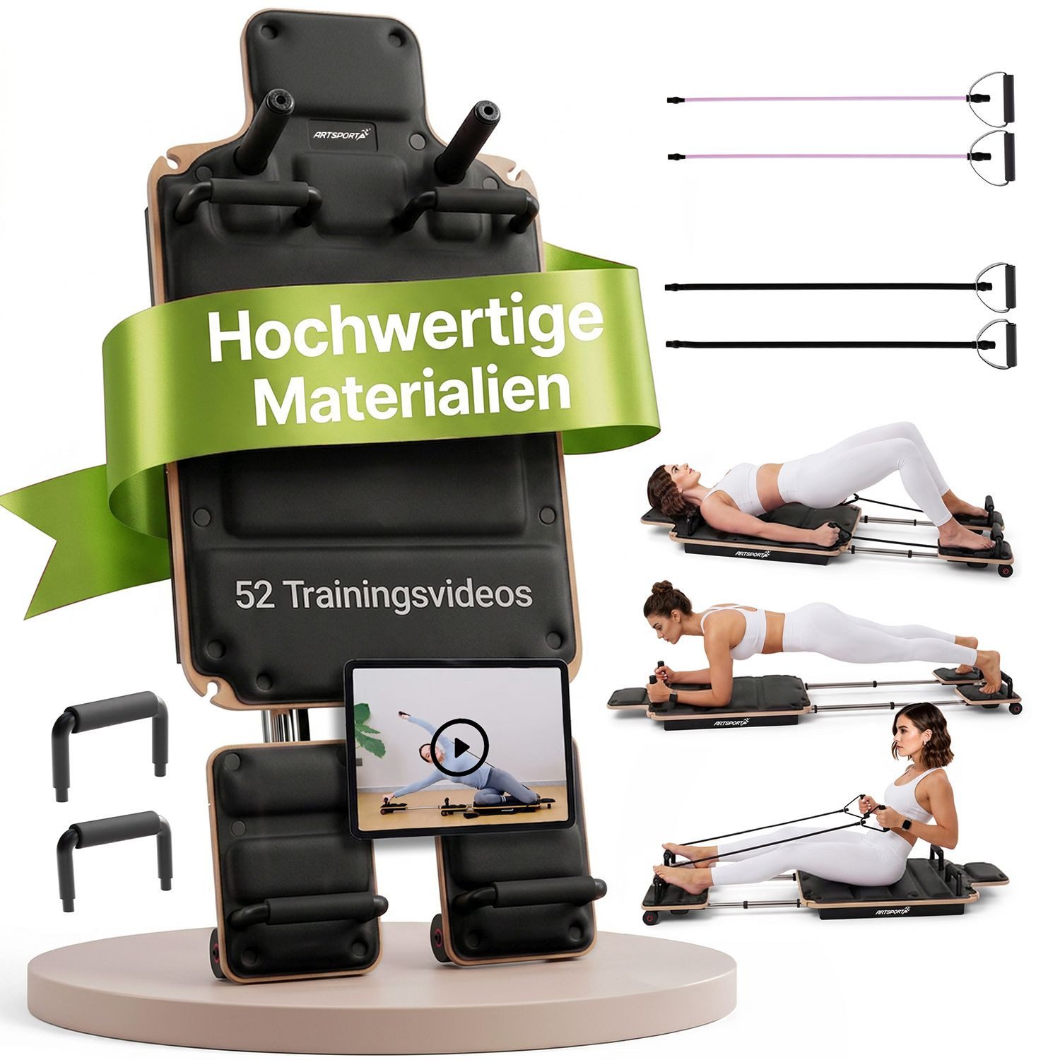 ArtSport Pilates-Reformer Movea, Inkl. 52 Trainingsvideos, 6 Trainingsbändern & faltbarem Design