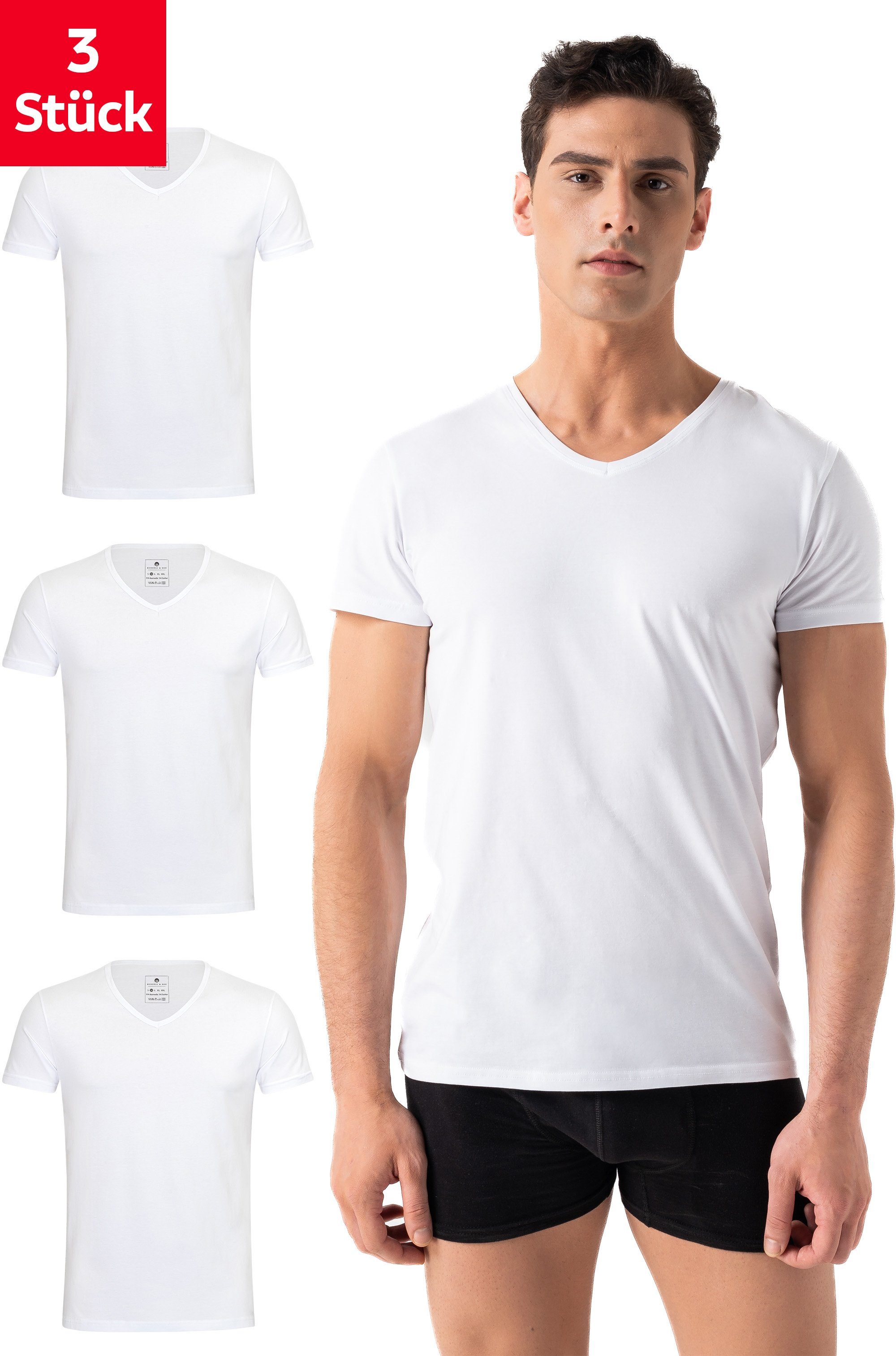 Burnell & Son Unterhemd T-Shirt Business mit Kurzarm und V-Ausschnitt für Herren aus Baumwolle (Packung, Set, Spar-Pack, Spar-Packung, 3-St., 3er Pack) Feinripp, extra lang - Basic Slim Fit