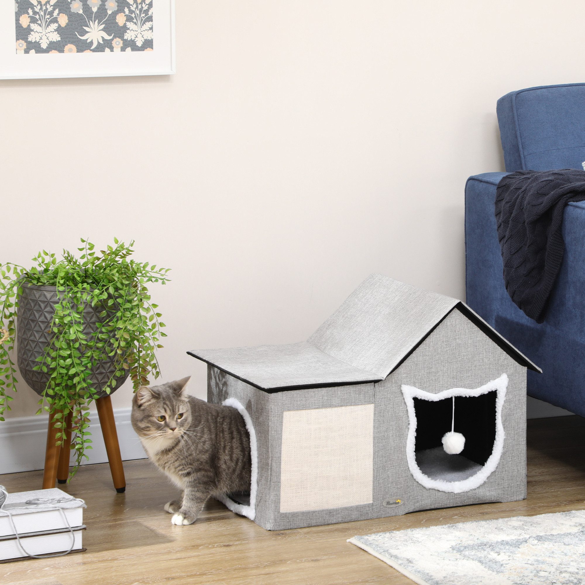 furnicato Katzenliege Katzenhaus mit Kratzfläche, Spielball, Höhle, 65x41x45.5 c, MDF