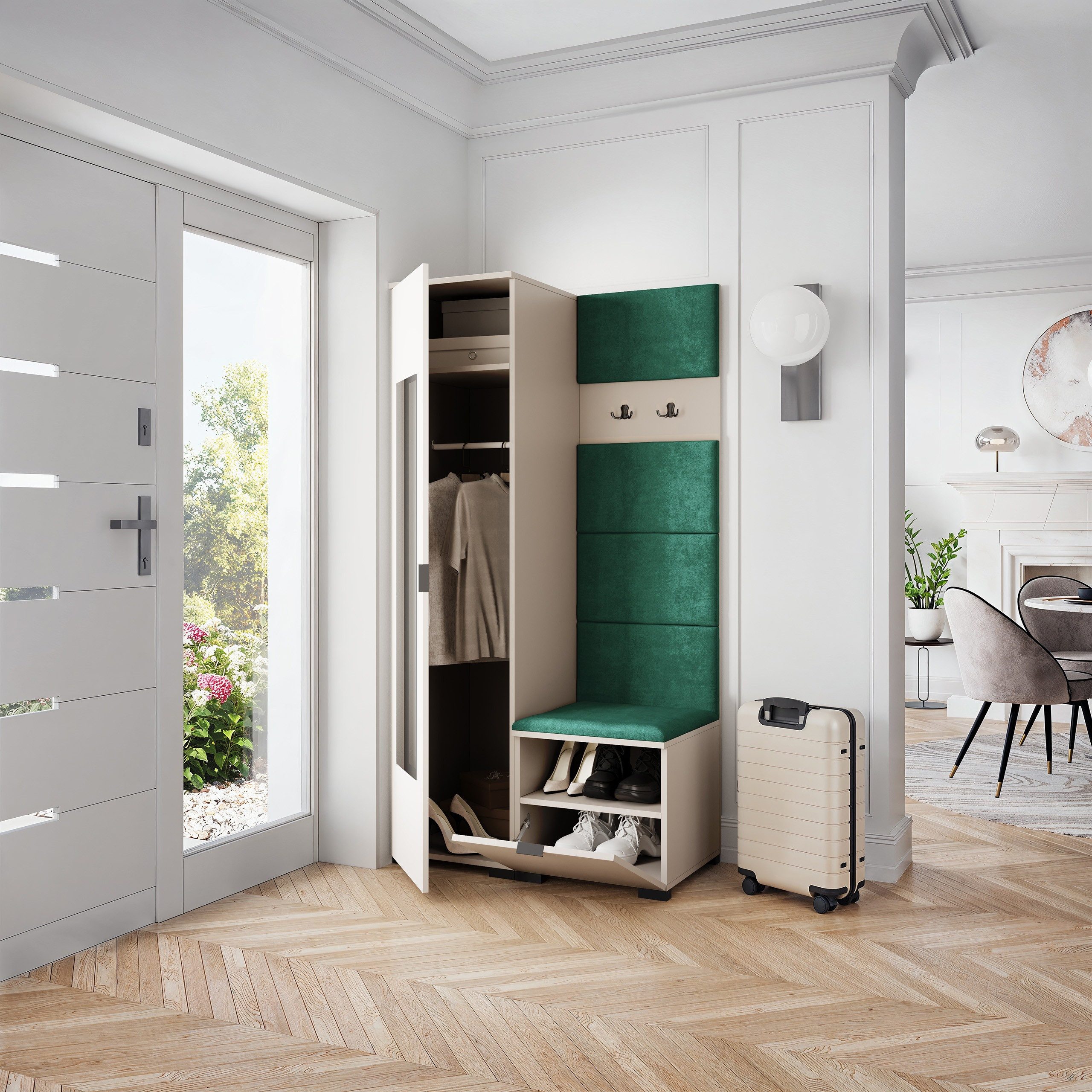 Masseno Garderobenschrank VIRA 95 x 181 cm Garderoben-Set mit Spiegel und 1 Türen Kaschmir