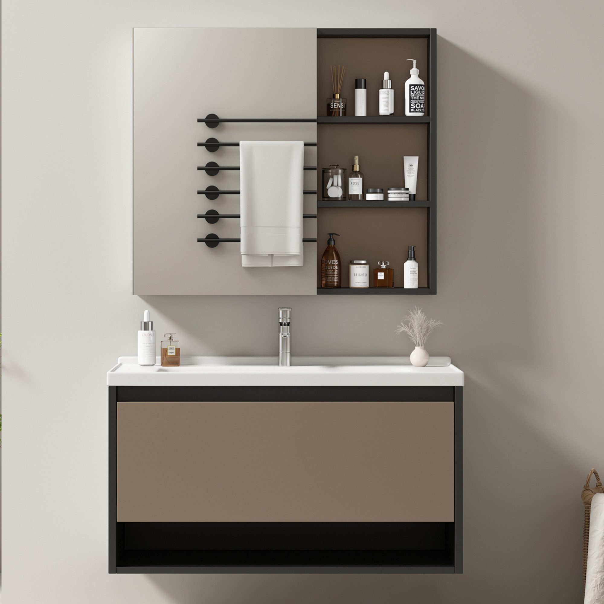 IDEASY Badmöbel-Set Badezimmermöbel-Set, 90 cm breites rechteckiges Keramikwaschbecken, MDF, Aufbewahrungsschrank mit Doppeltür, einfach zu montieren