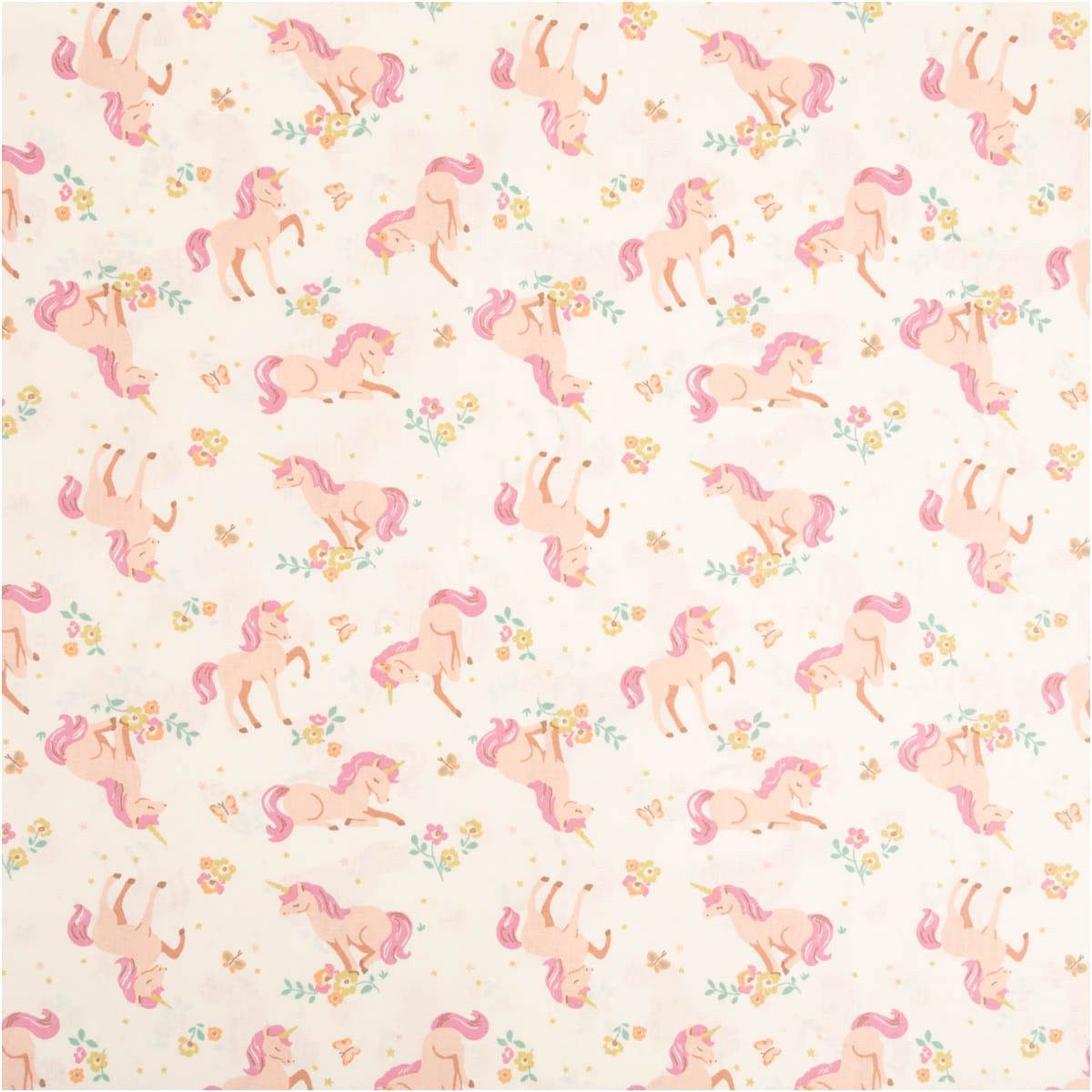 SCHÖNER LEBEN. Stoff Baumwollstoff Meterware Lilic Einhörner Blumen ecru rosa 147cm, allergikergeeignet