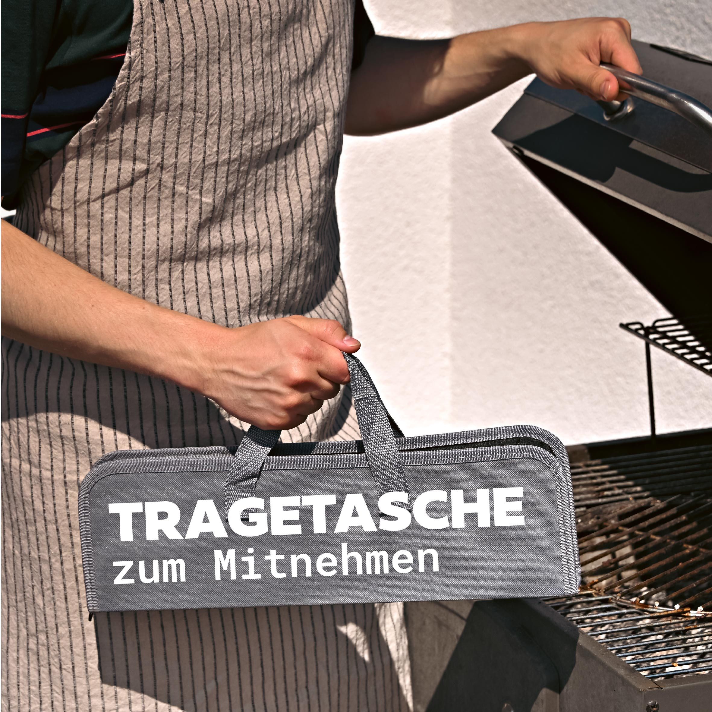 Praknu Grillbesteck-Set Grill-Zubehör mit Holzgriffen & Tragetasche - hitzebeständig, rostfrei, (4-teiliges Set, 4 tlg., 1x Grillzange, Grillwender, Grillgabel, – Bild 4 von 5