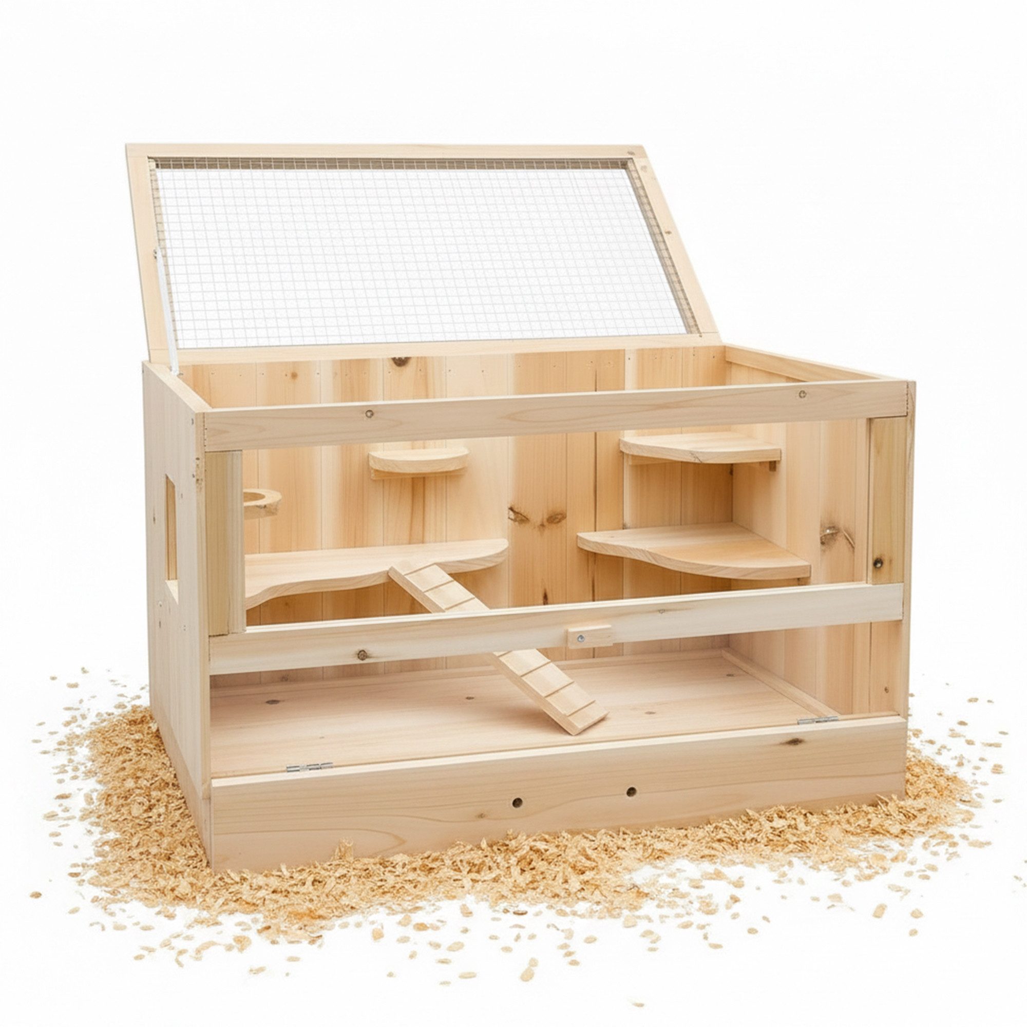 Mucola Kleintierkäfig Nagerkäfig mit 2 Ebenen für Hamster & Kaninchen Gitterkäfig Naturholz, Plexiglas-Front, 2 Ebenen und integriertes Häuschen