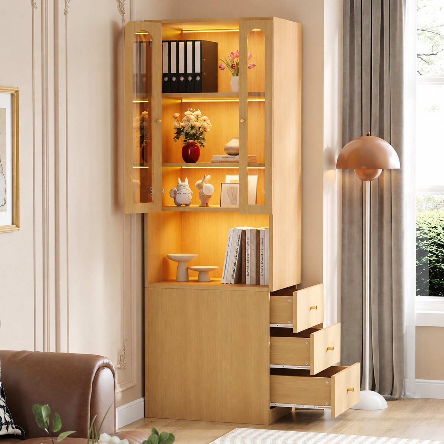 ANYSUN Vitrine Schmaler Bücherschrank, Hochschrank mit Schubladen & LED-Beleuchtung 60 × 40 × 200 cm, mit Glastüren, für Wohn-, Schlaf- & Arbeitszimmer