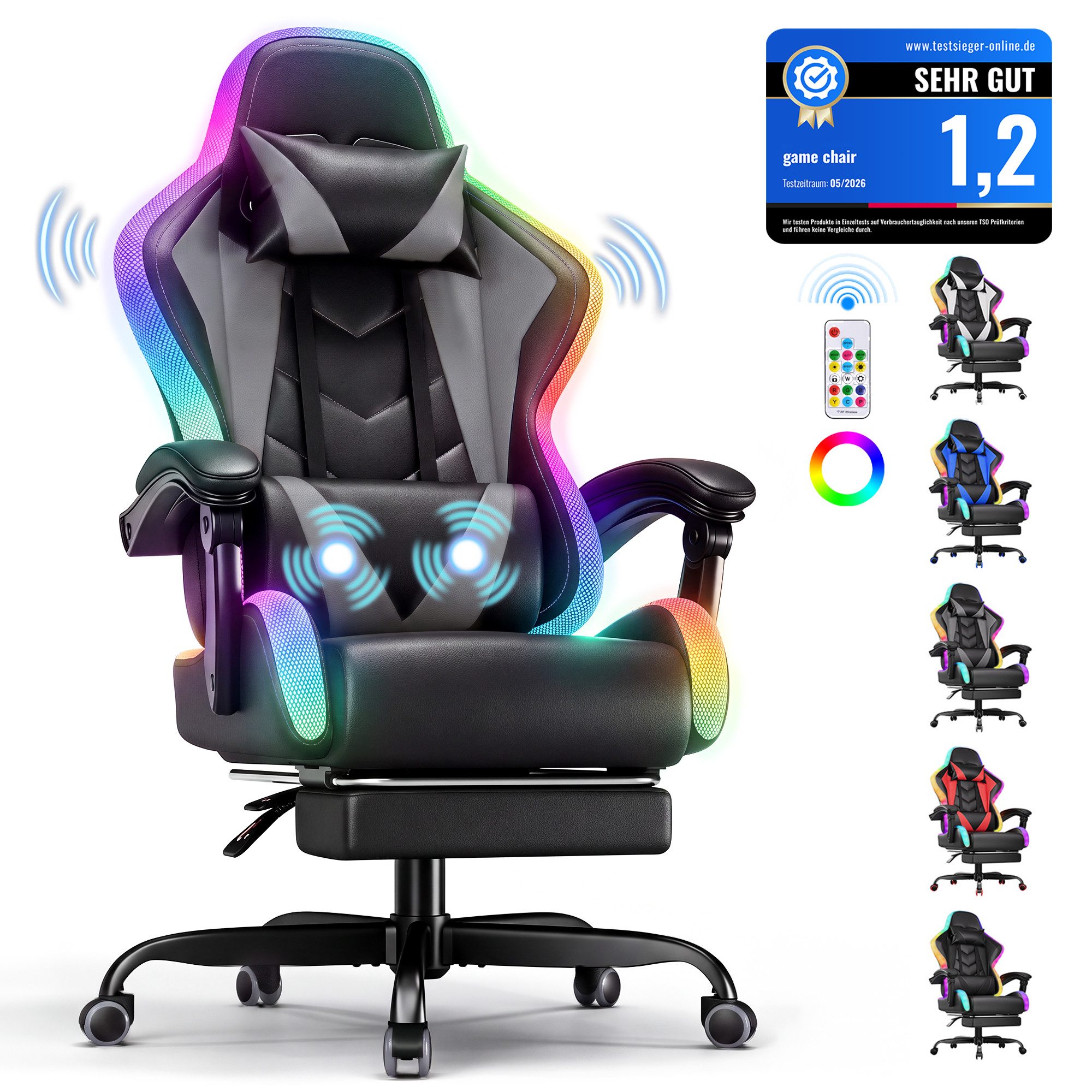 HOMALL Gaming-Stuhl mit LED,Ergonomisch,Fußstütze,computerstuhl,gaming stuhl mit massage (Die LED-Beleuchtung ist einstellbar, das Massagekissen für den Rücken ist beweglich), Ergonomischer Bürostuhl,Kopfstütze und Lendenstütze