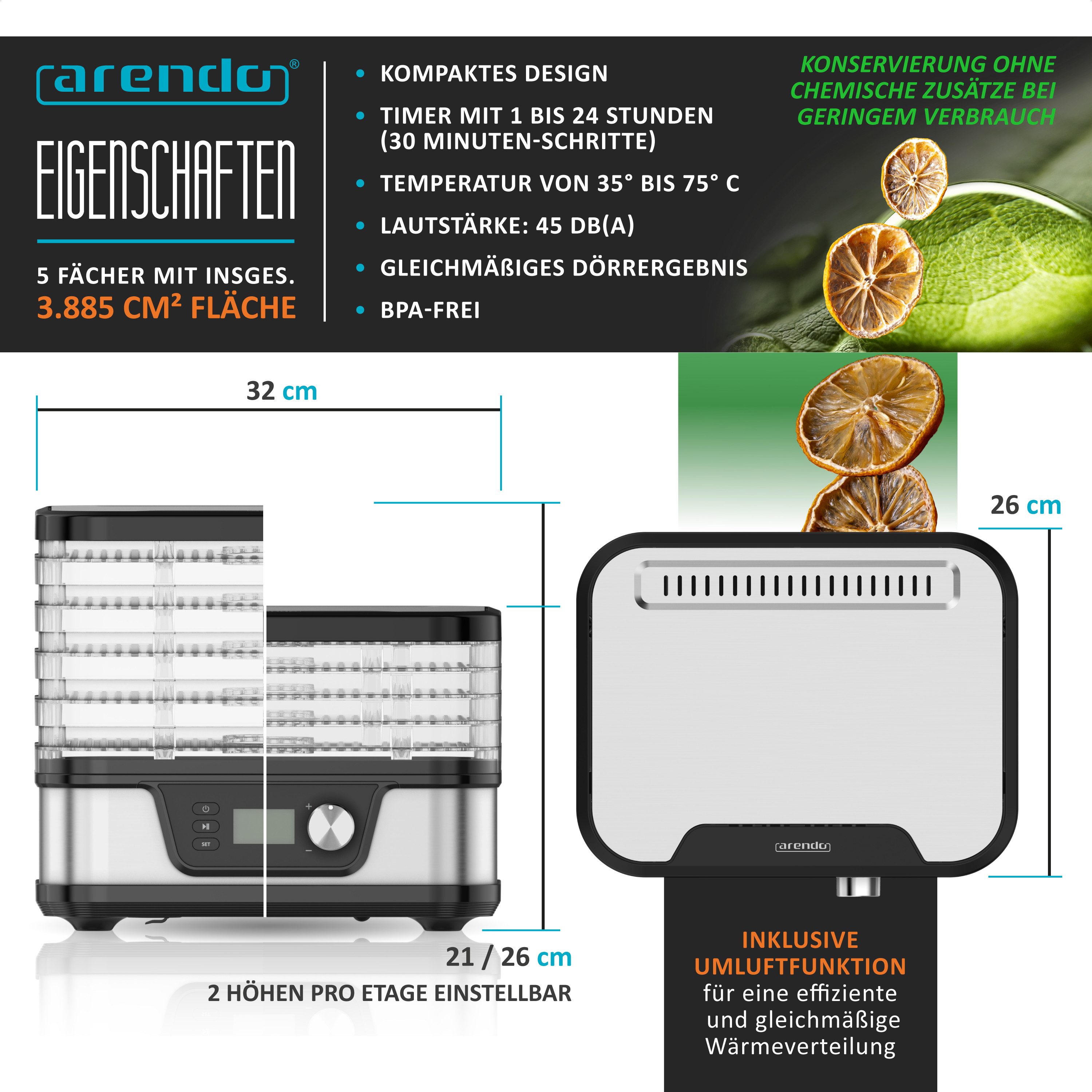 Arendo Dörrautomat mit Temperaturregler, 5 Etagen, 35-75°C, Edelstahl, Dörrgerät, Display 380 W, 5 Etagen, Timer 24h, BPA-frei, für Fleisch/Obst/Gemüse, 5 Einle – Bild 2 von 5
