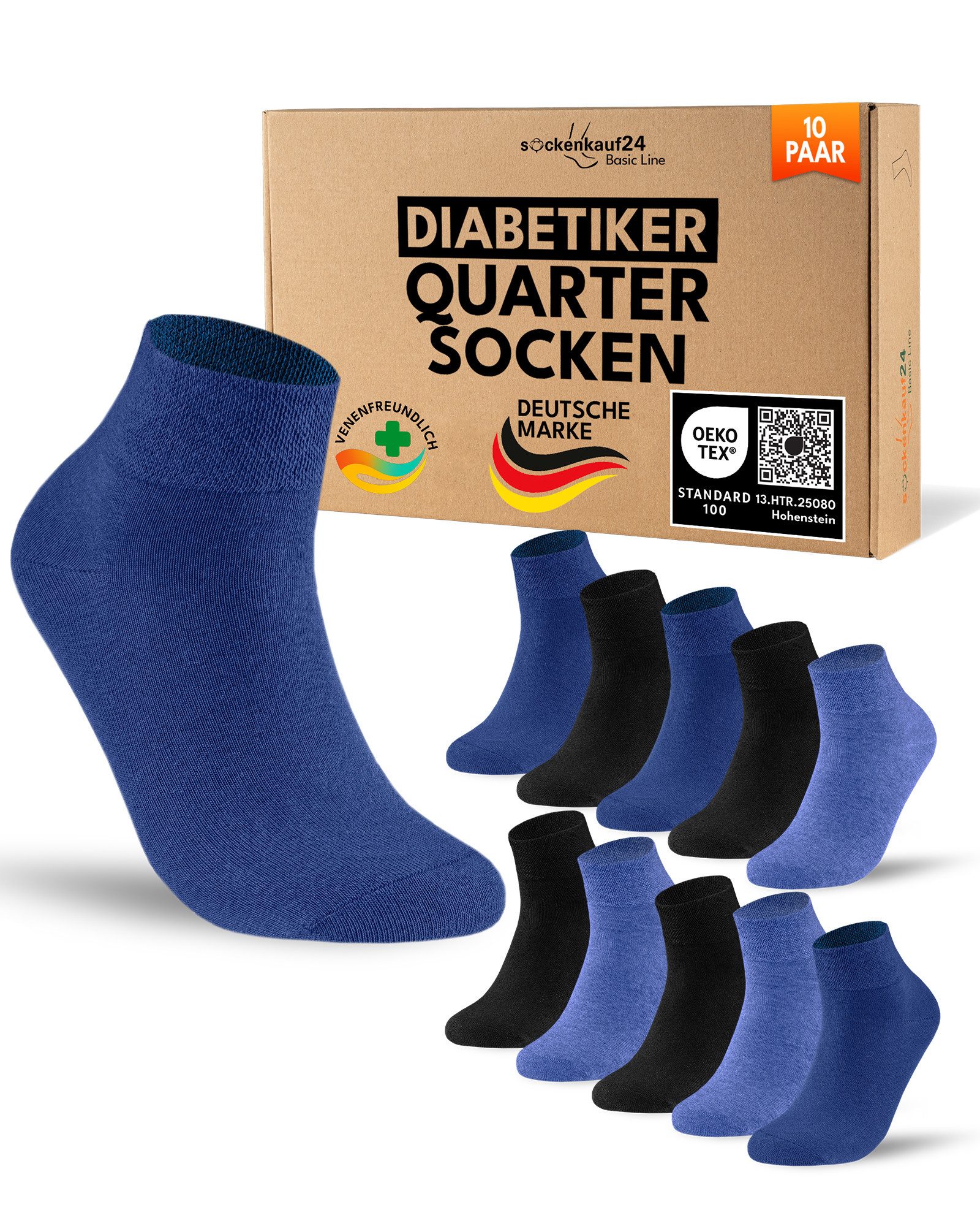 sockenkauf24 Diabetikersocken kurz ohne Gummibund & ohne Naht Quarter Diabetiker Socken Baumwolle (Set, 10-Paar) Diabetiker Socken mit Komfortbund ohne Gummi für Damen & Herren