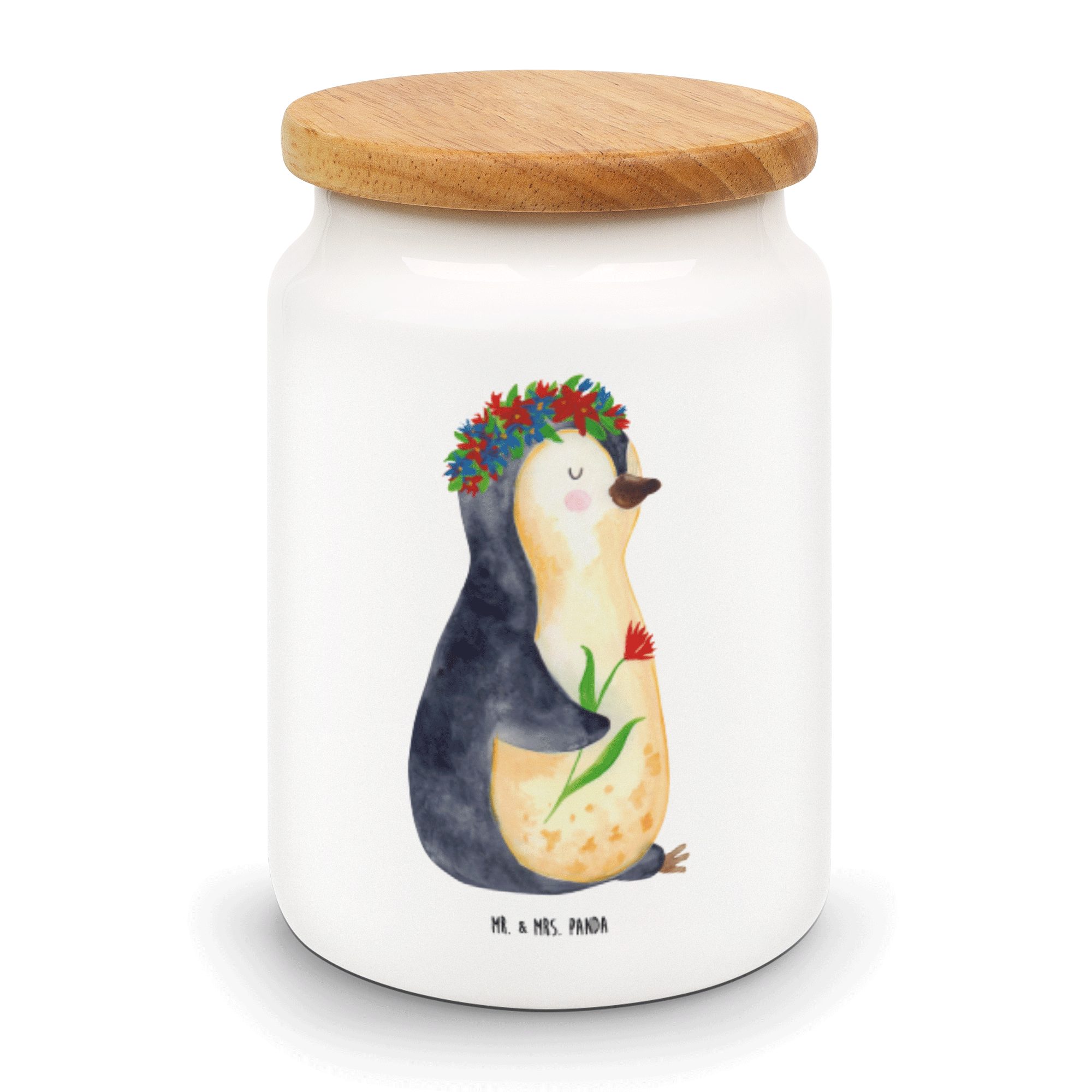Mr. & Mrs. Panda Vorratsdose Pinguin Blumenkranz - Weiß - Geschenk, Lebenslust, Wünsche, Leckerlid, Keramik, (1-tlg)