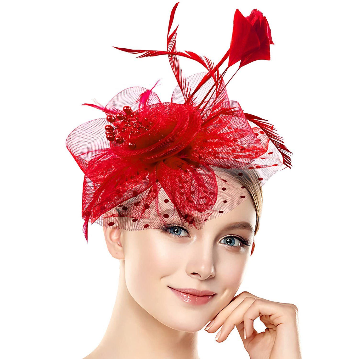 MAGICSHE Haarspange Halloween Kopfschmuck Charming Hut mit Federn, Karneval Cocktail Hut Hochzeit rot