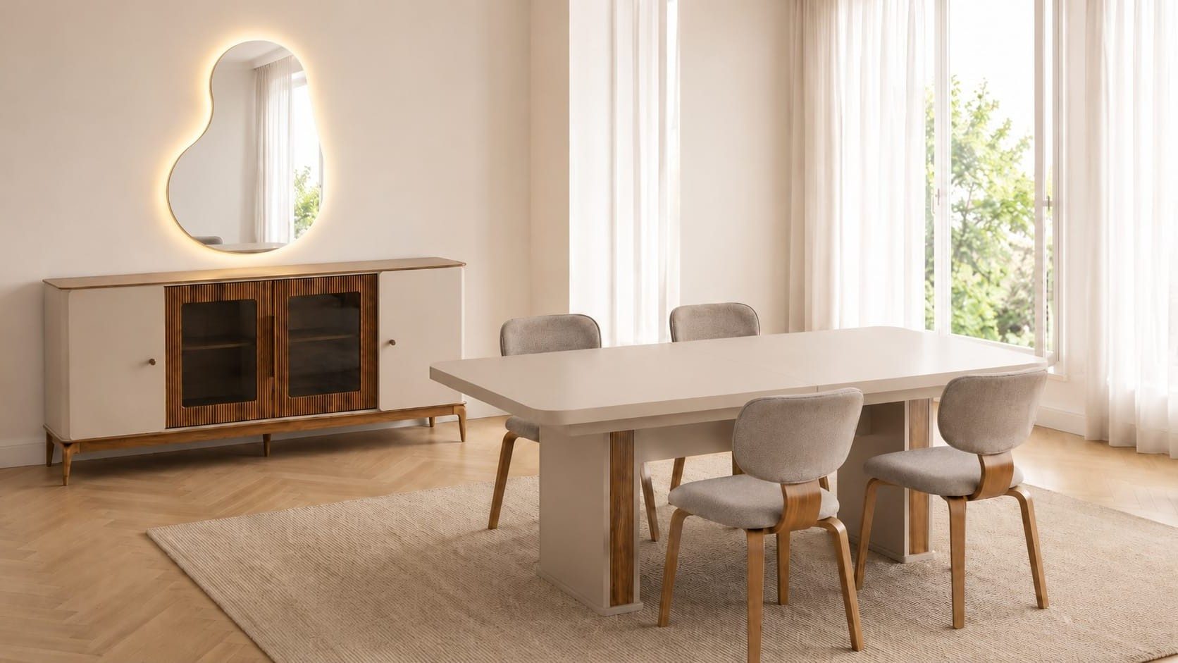 Xlmoebel Esszimmer-Set Premium Esszimmer Set Beige Luxus Holz Tisch Stühle Anrichte, (7-St., 7-tlg)