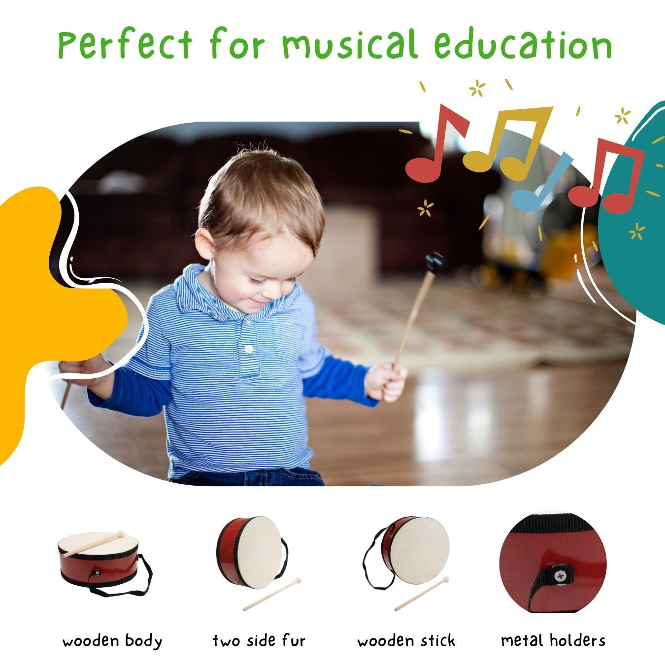 GICO Spielzeug-Musikinstrument Kindertrommel aus Holz – 20 cm mit Griff & Trommelstock - 3847