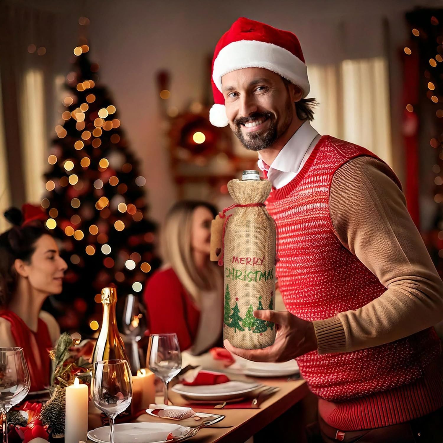 BRUBAKER Weinflaschenhalter Merry Christmas Grün/Rot, (Weintasche, Sack, Geschenk für Wein, Sekt und Champagner -, 15-St., Flaschenbeutel für Weihnachtsgeschenk), 36 cm x 17 cm Weinsack aus Jute