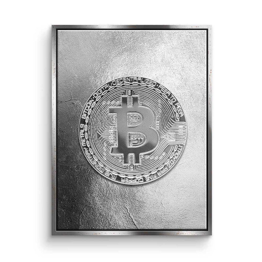 DOTCOMCANVAS® Premium - Trading - Leinwandbild, - Crypto Leinwandbild - Rahmen Bitcoin Silber schwarzer Motivation