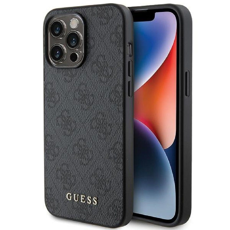 Handyhülle Case iPhone 15 Pro Max Kunstleder grau mit goldfarbenen Logo